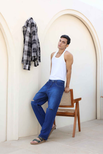 Mid Blue Distressed Men's Straight Fit Jeans
