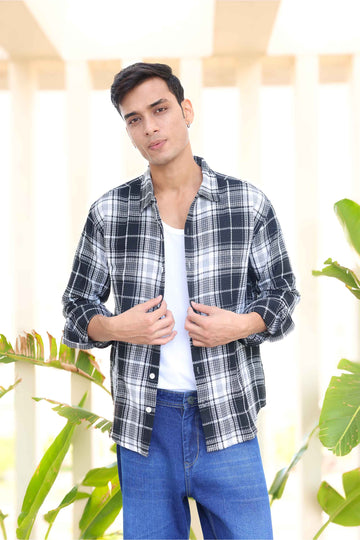 Black Waffle Checks Regular Fit Full Sleeves Shirt