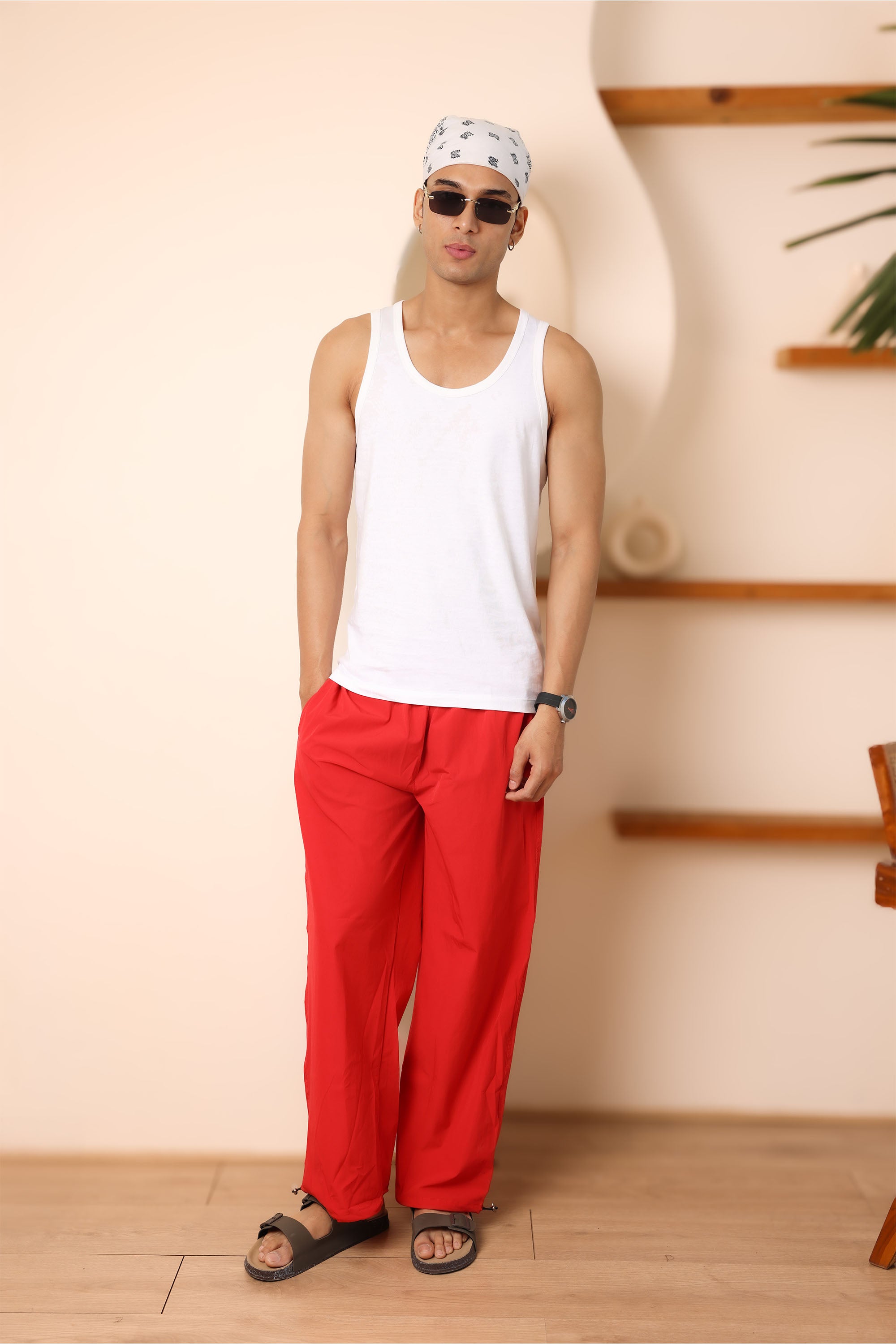 Red Straight Fit Trackpant With Side Stripes