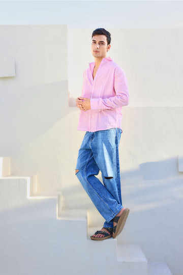 Pink and White Regular fit Striped Full Sleeves Shirt