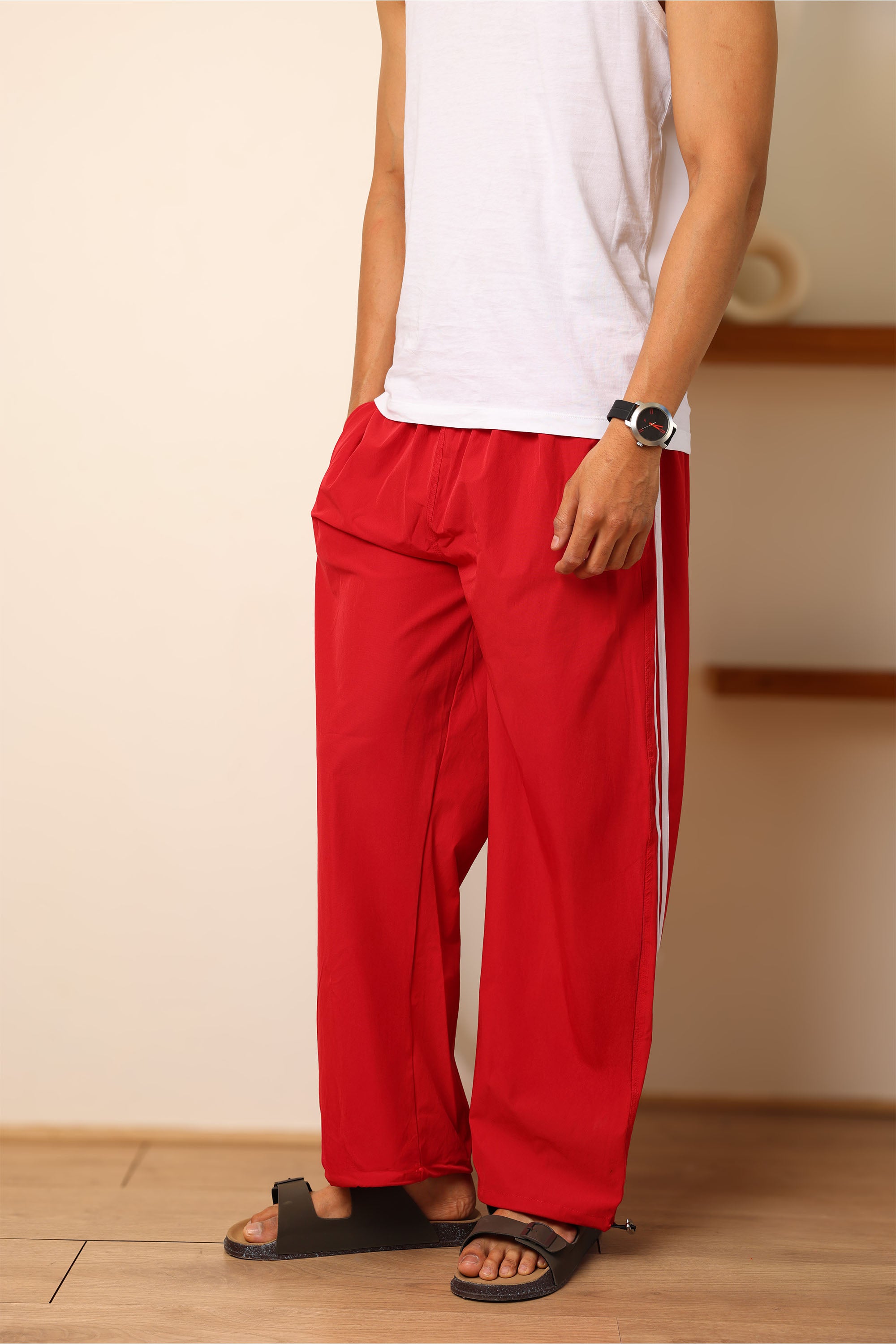 Red Straight Fit Trackpant With Side Stripes