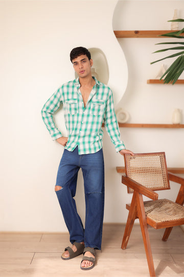 White And Green Structured Checks Shirt