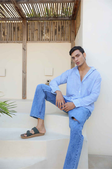 Blue and White Regular fit Striped Full Sleeves Shirt