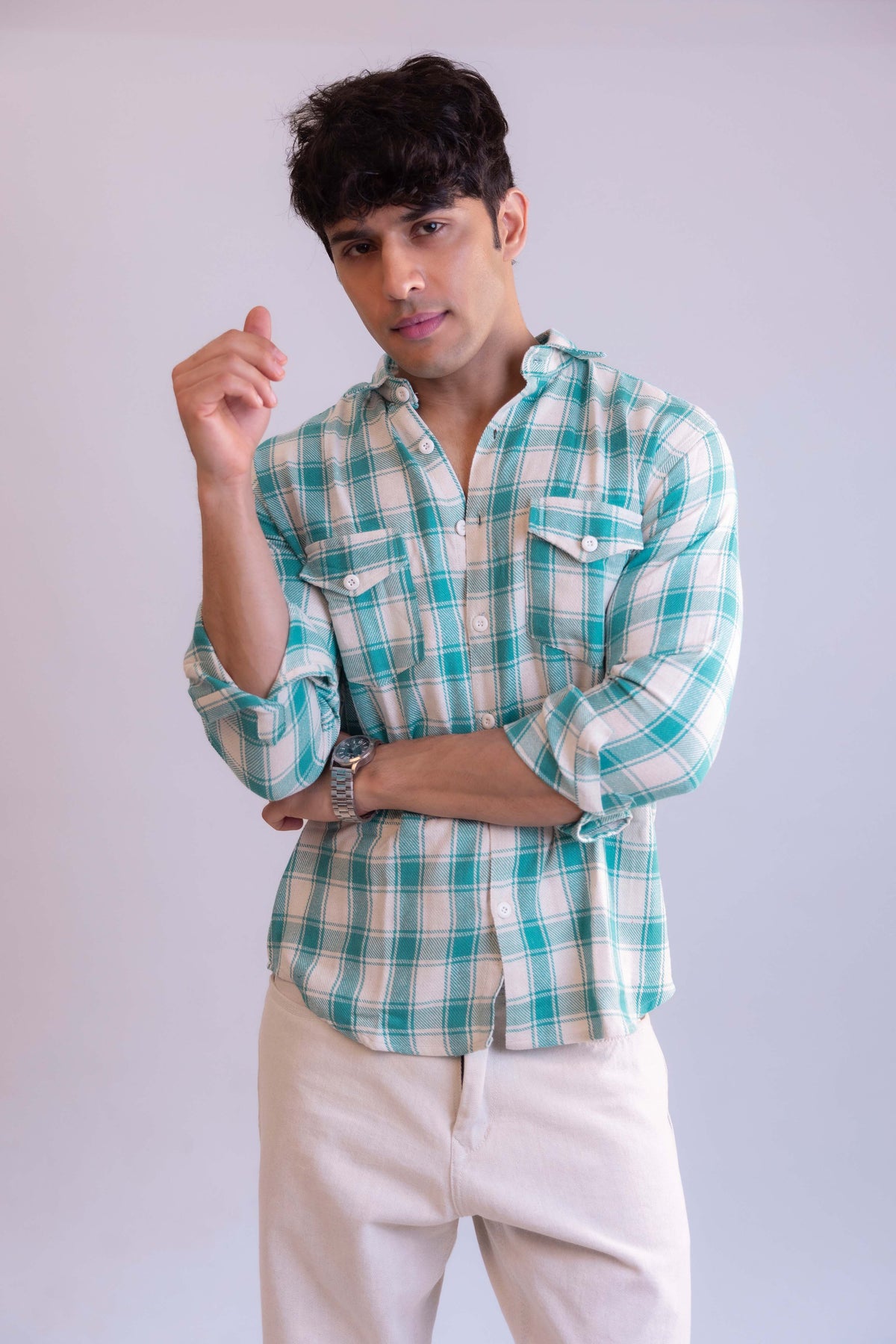 White And Green Structured Checks Shirt