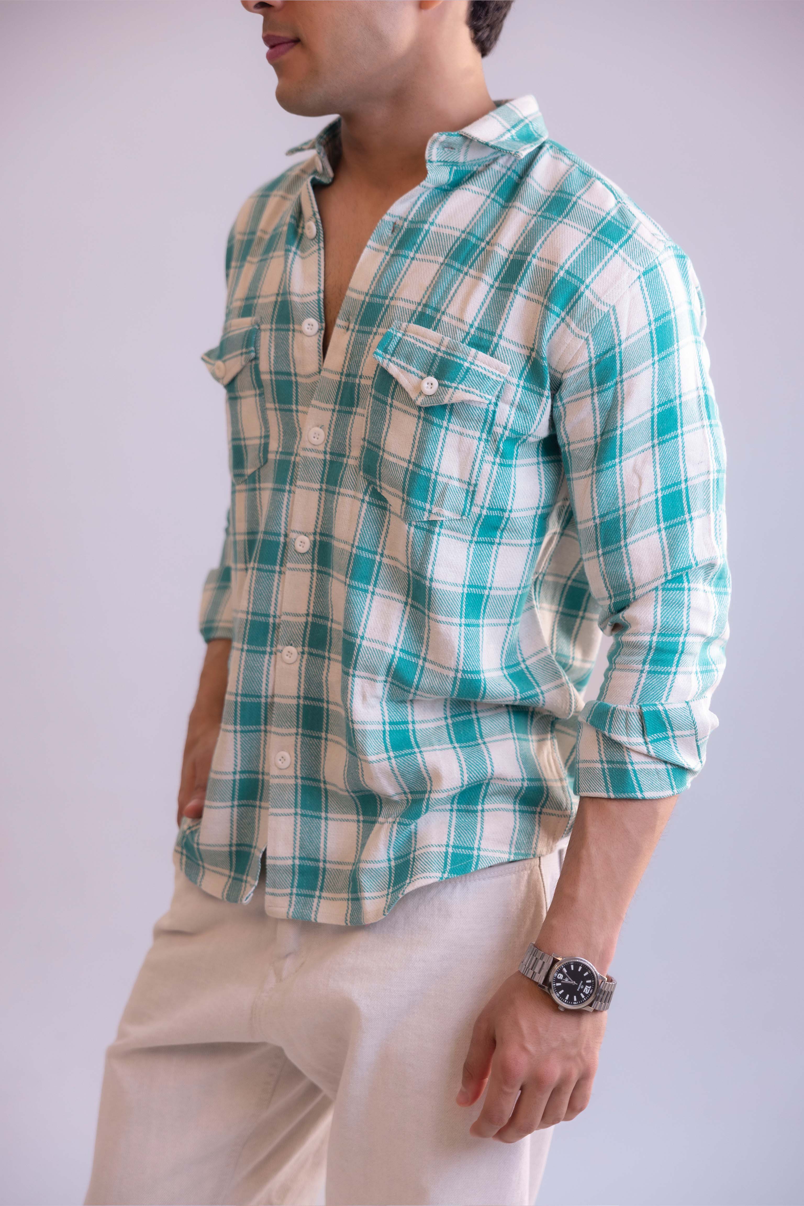White And Green Structured Checks Shirt