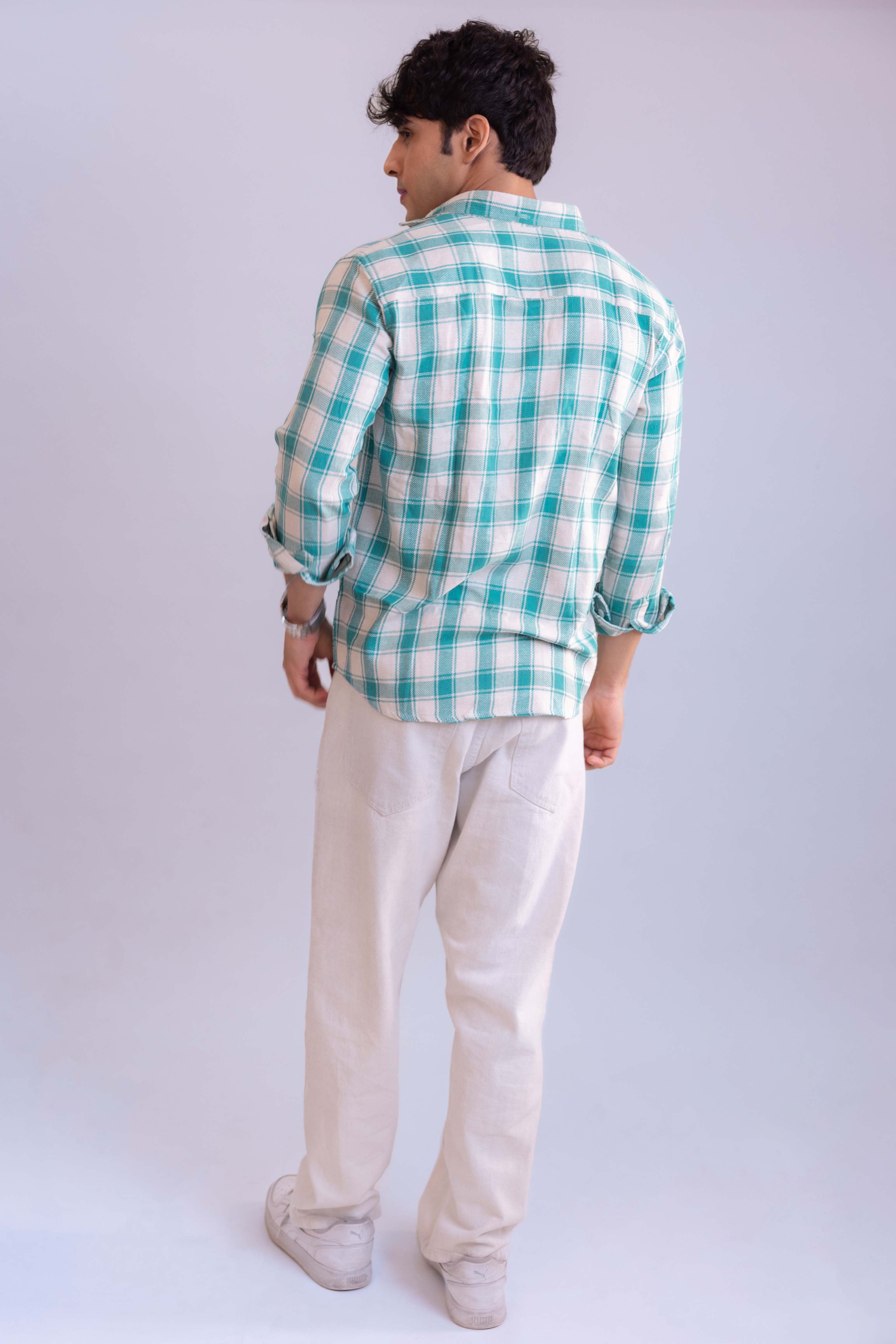White And Green Structured Checks Shirt