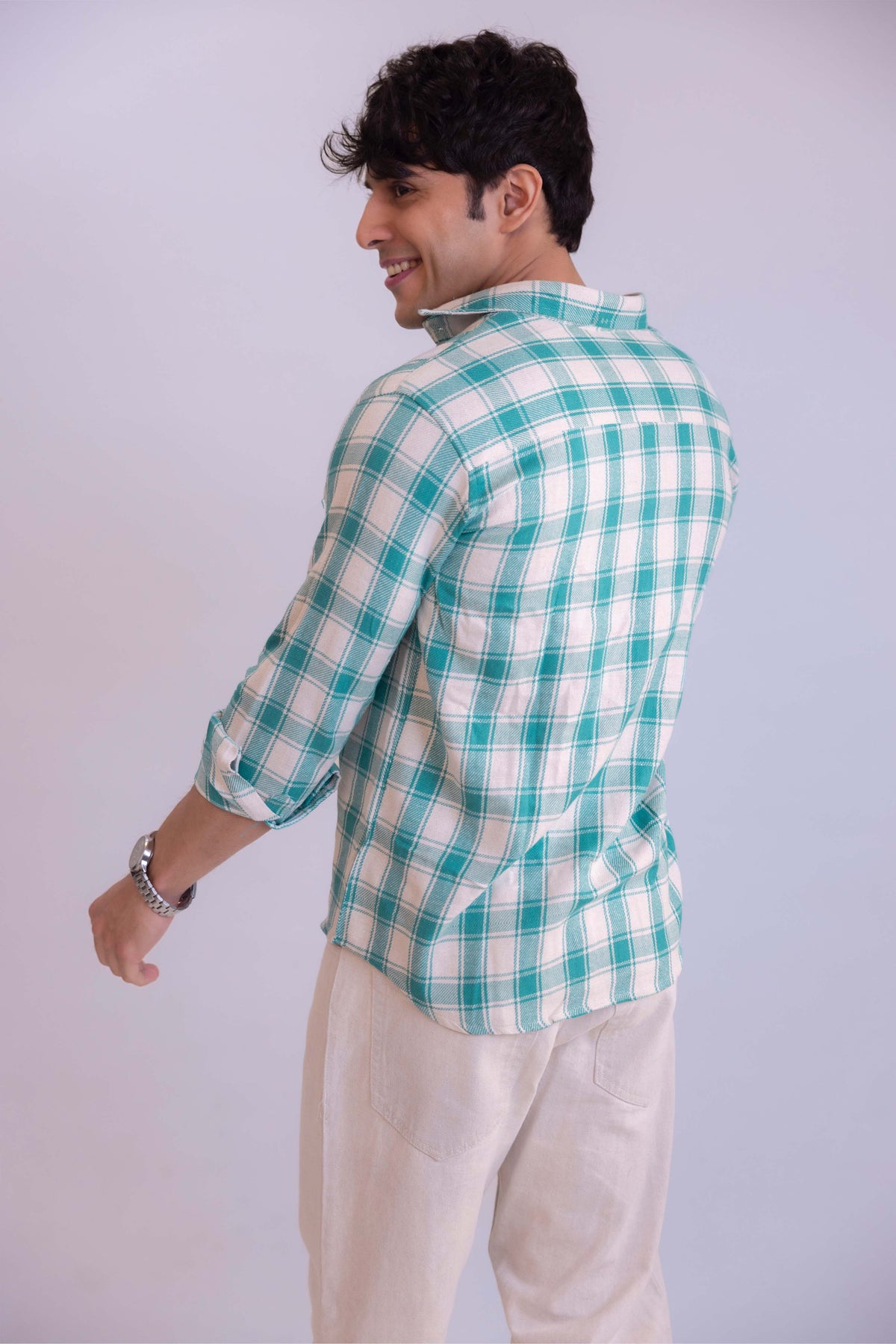 White And Green Structured Checks Shirt