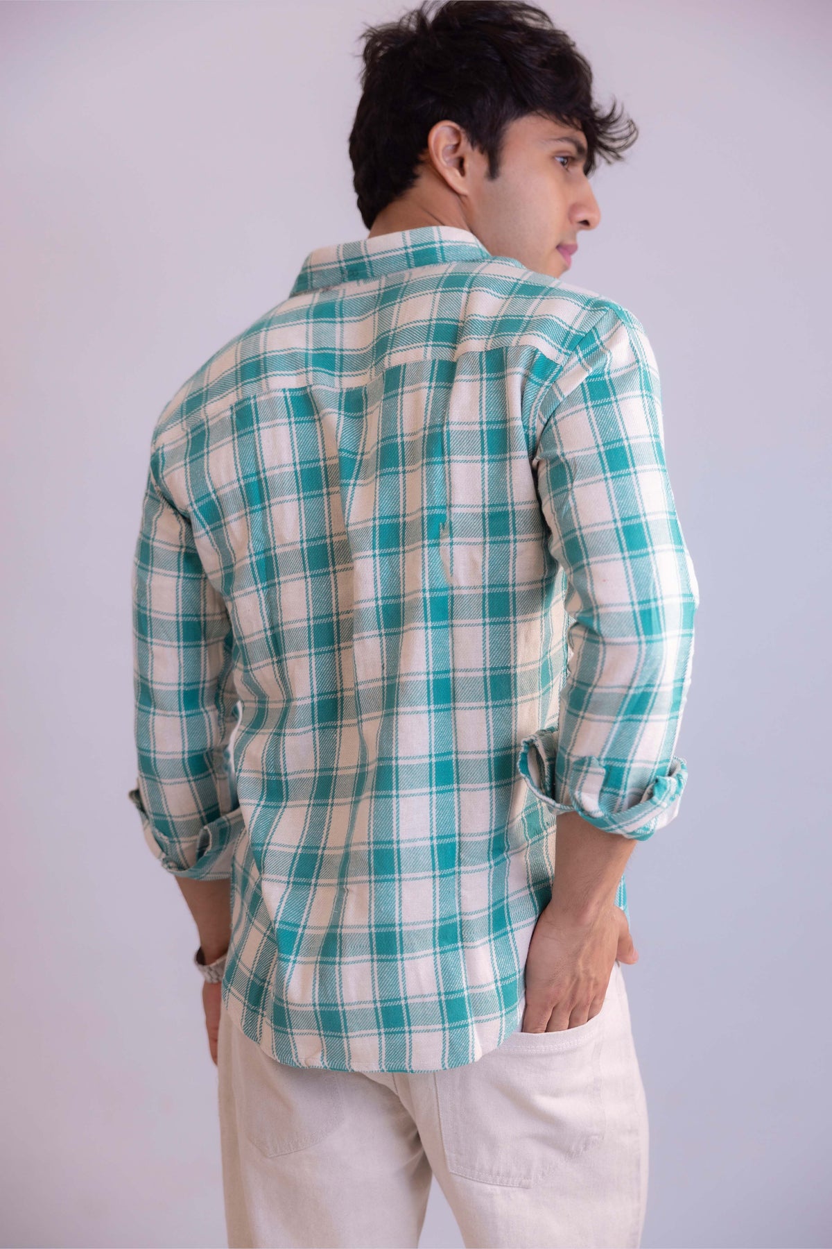 White And Green Structured Checks Shirt
