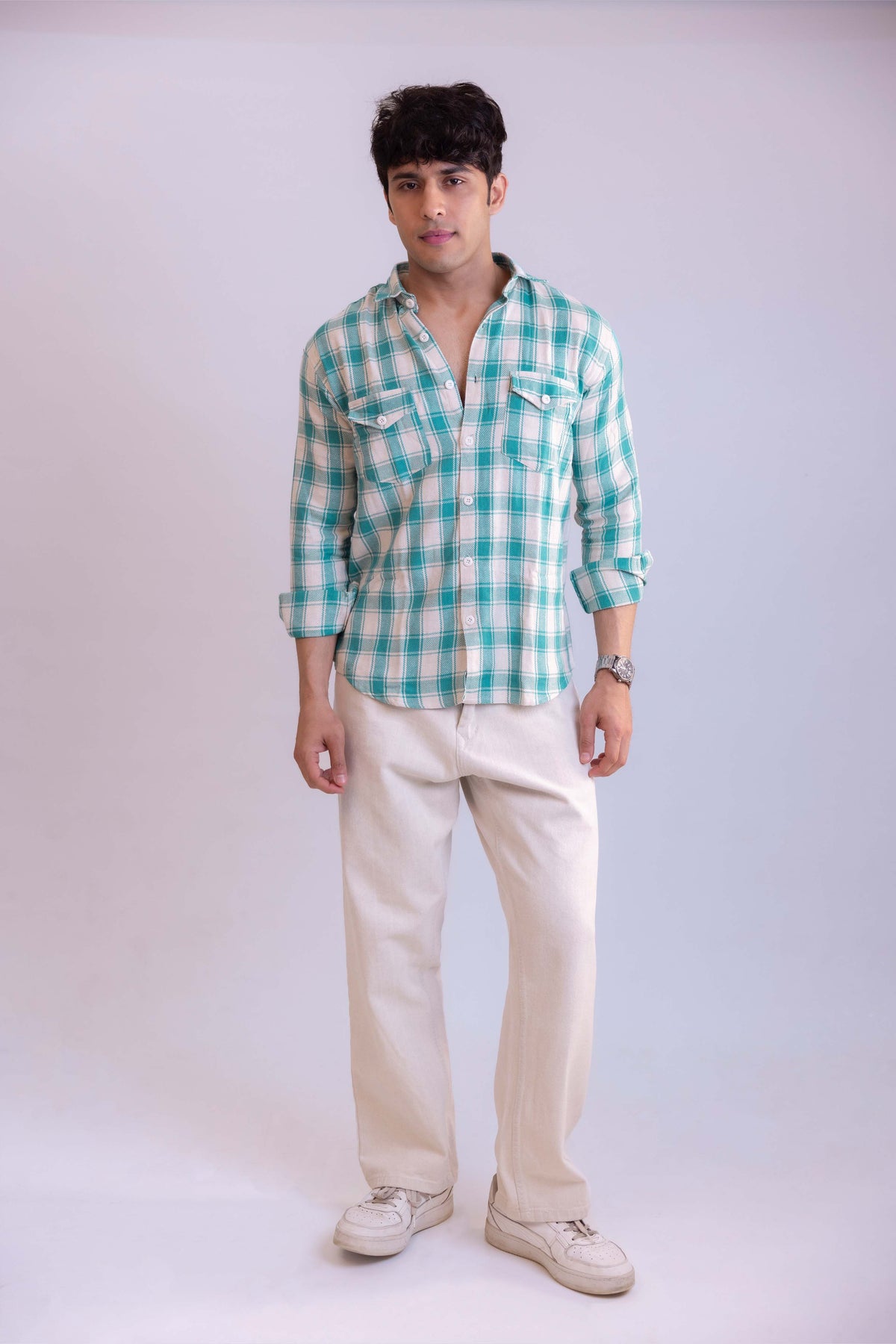 White And Green Structured Checks Shirt