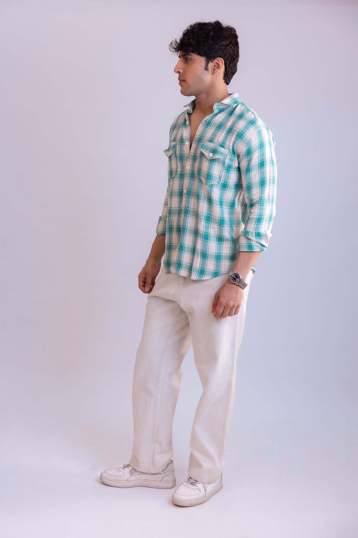 White And Green Structured Checks Shirt