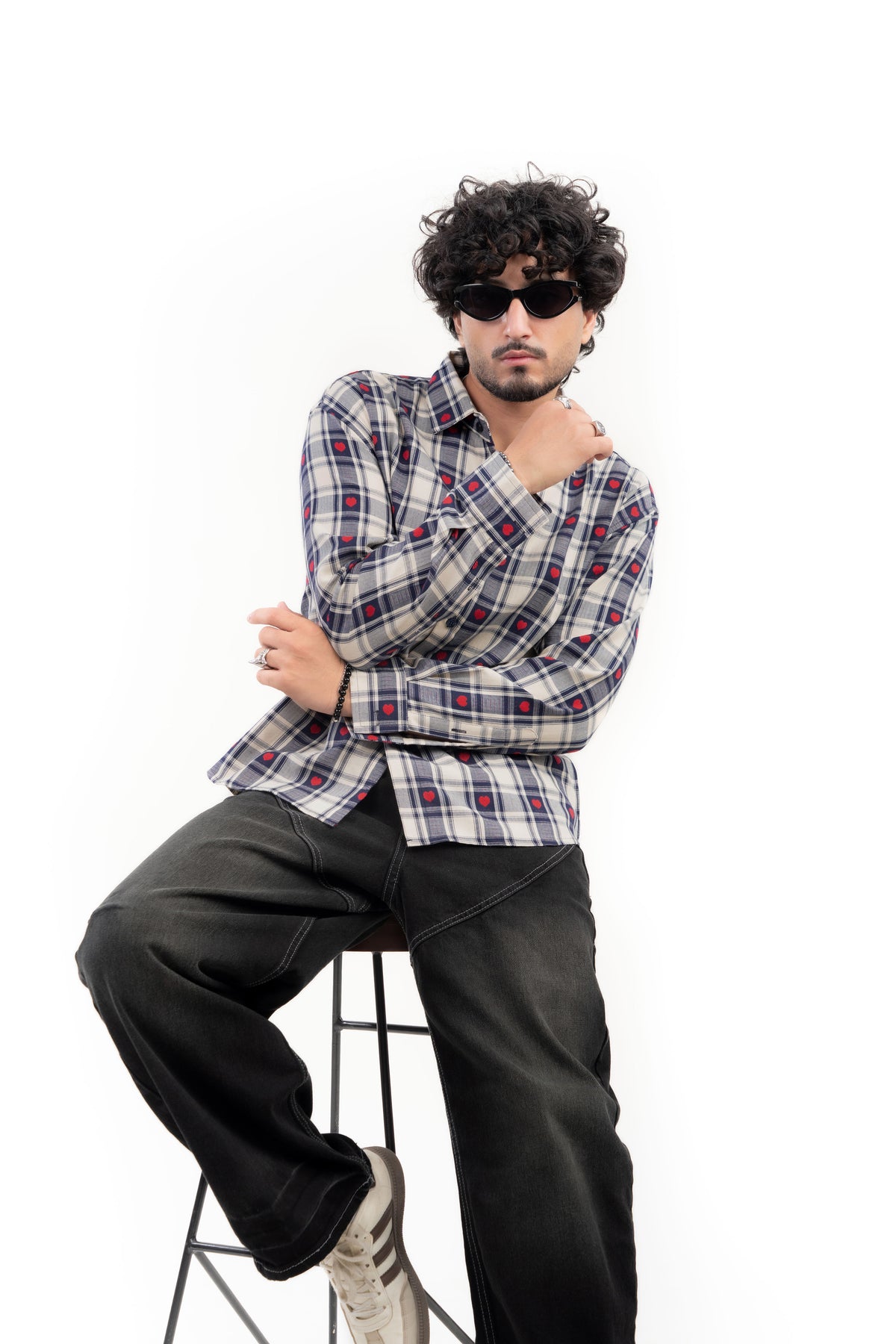 Blue Heart Embroidered Check Shirt