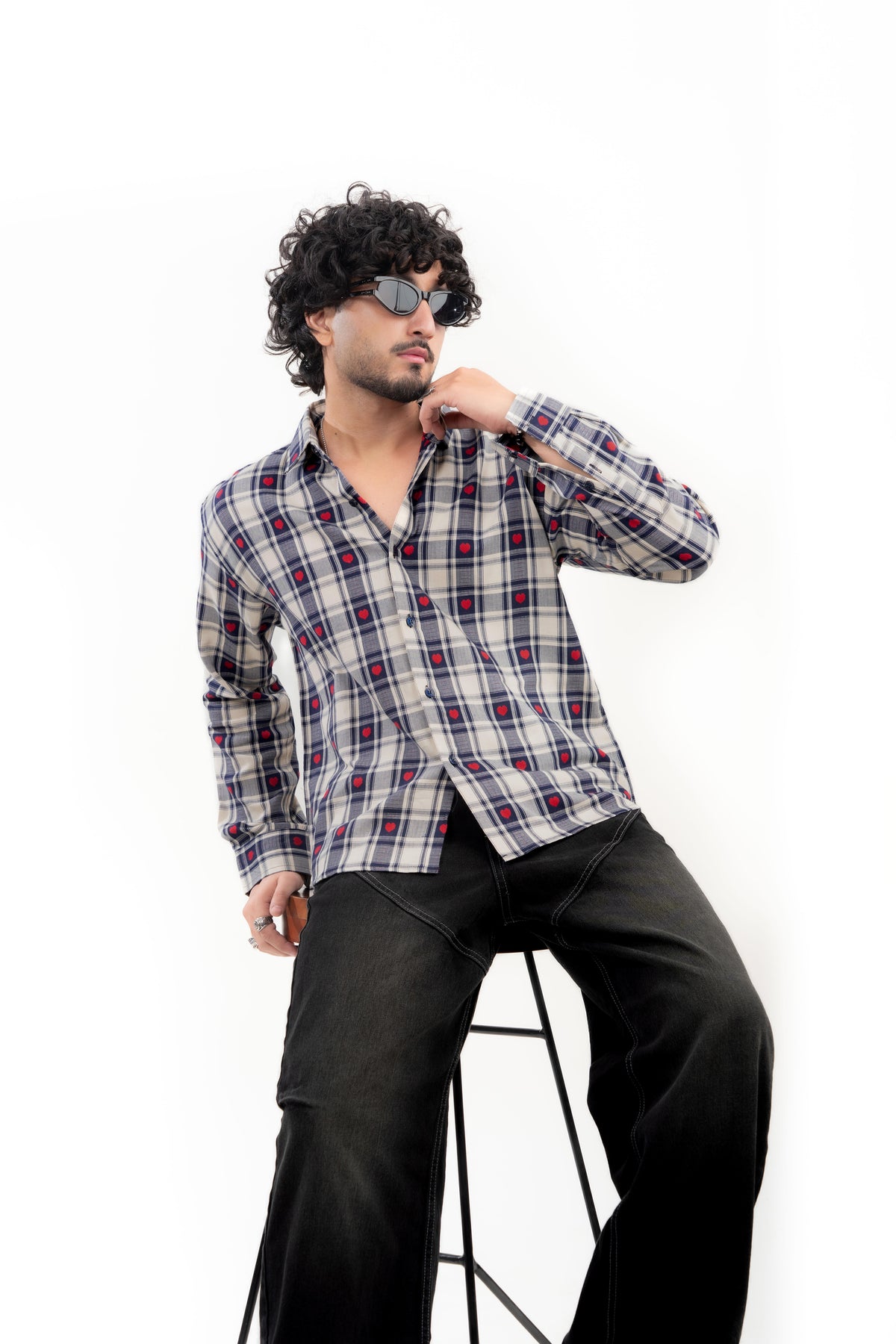 Blue Heart Embroidered Check Shirt