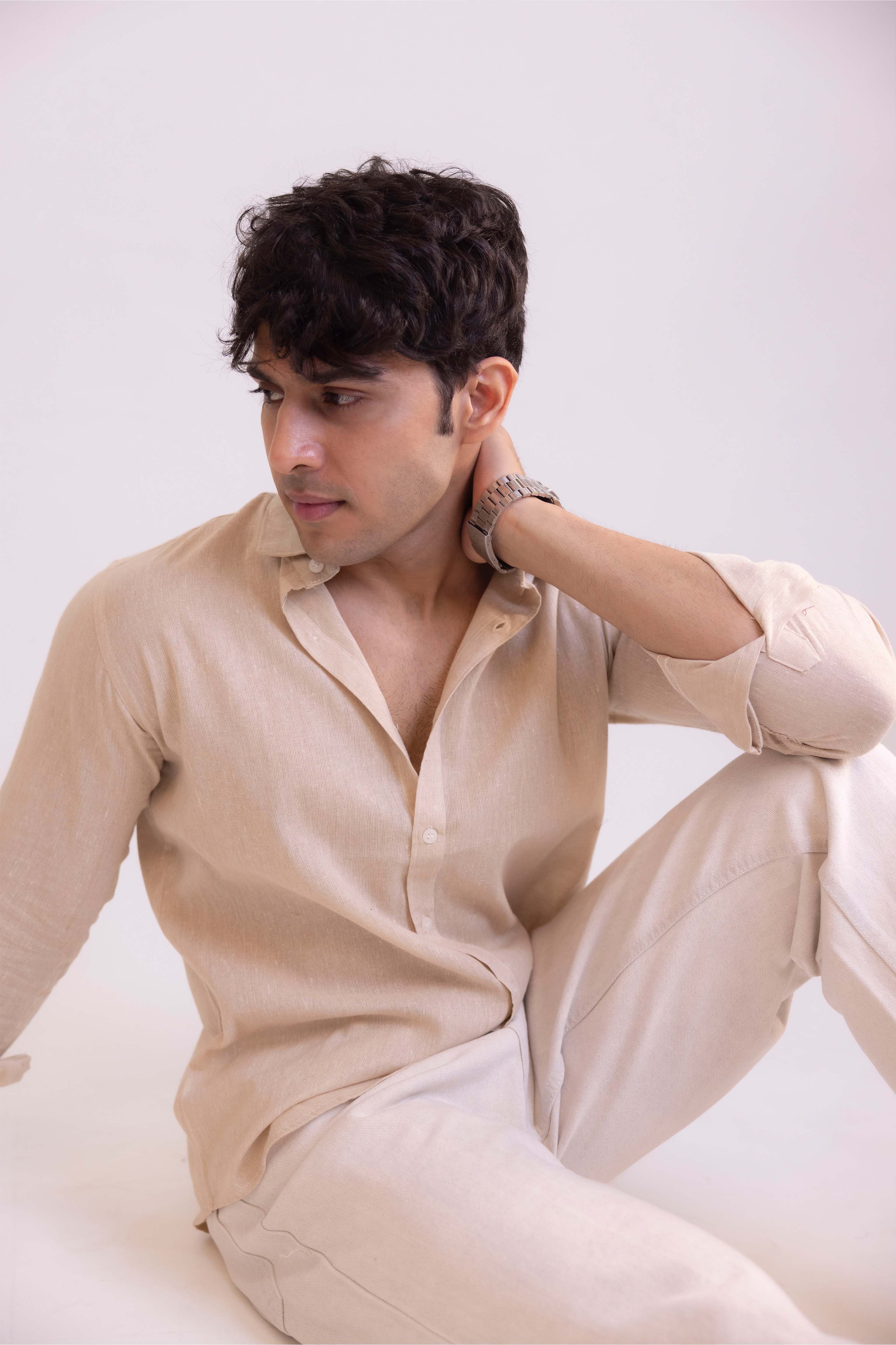 Beige Regular Fit Textured Casual Shirt