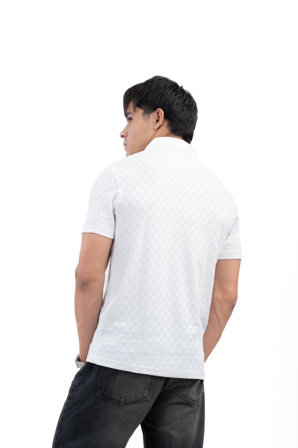 White Textured Check Polo T-Shirt