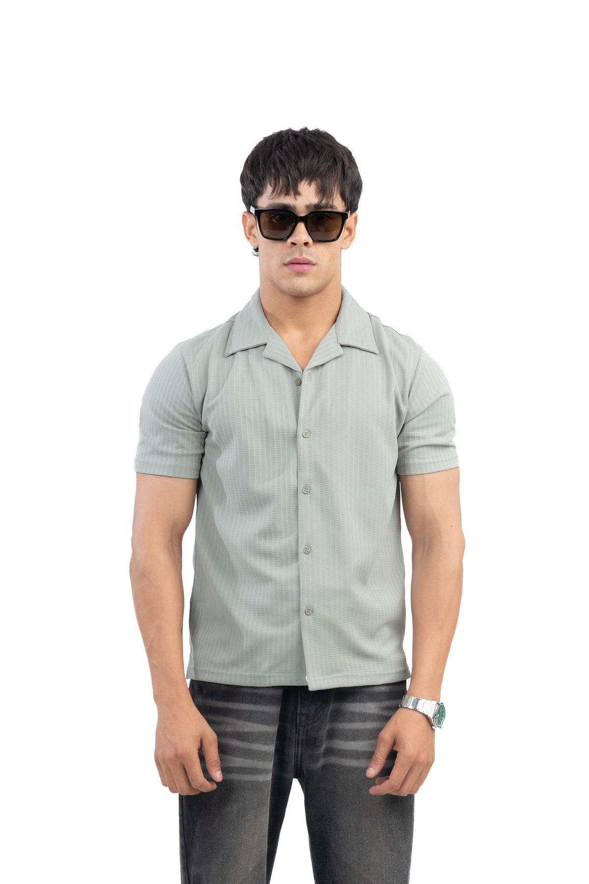 Sage Green Textured Cuban Collar Half Sleeve Shirt