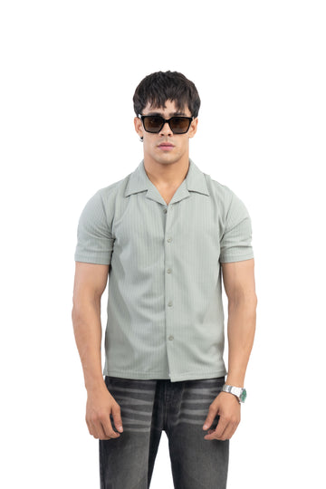 Sage Green Textured Cuban Collar Half Sleeve Shirt
