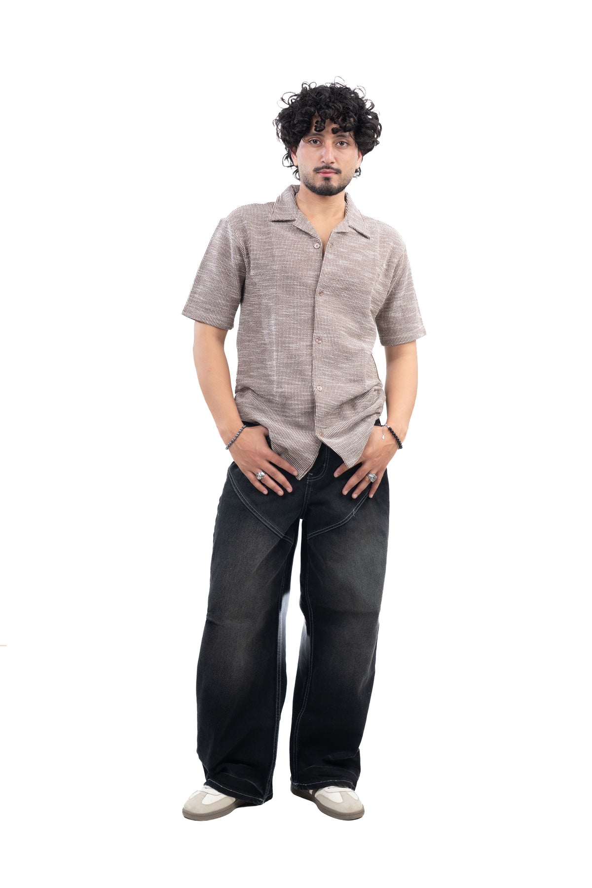 Textured Knit Half Sleeve Shirt Brown