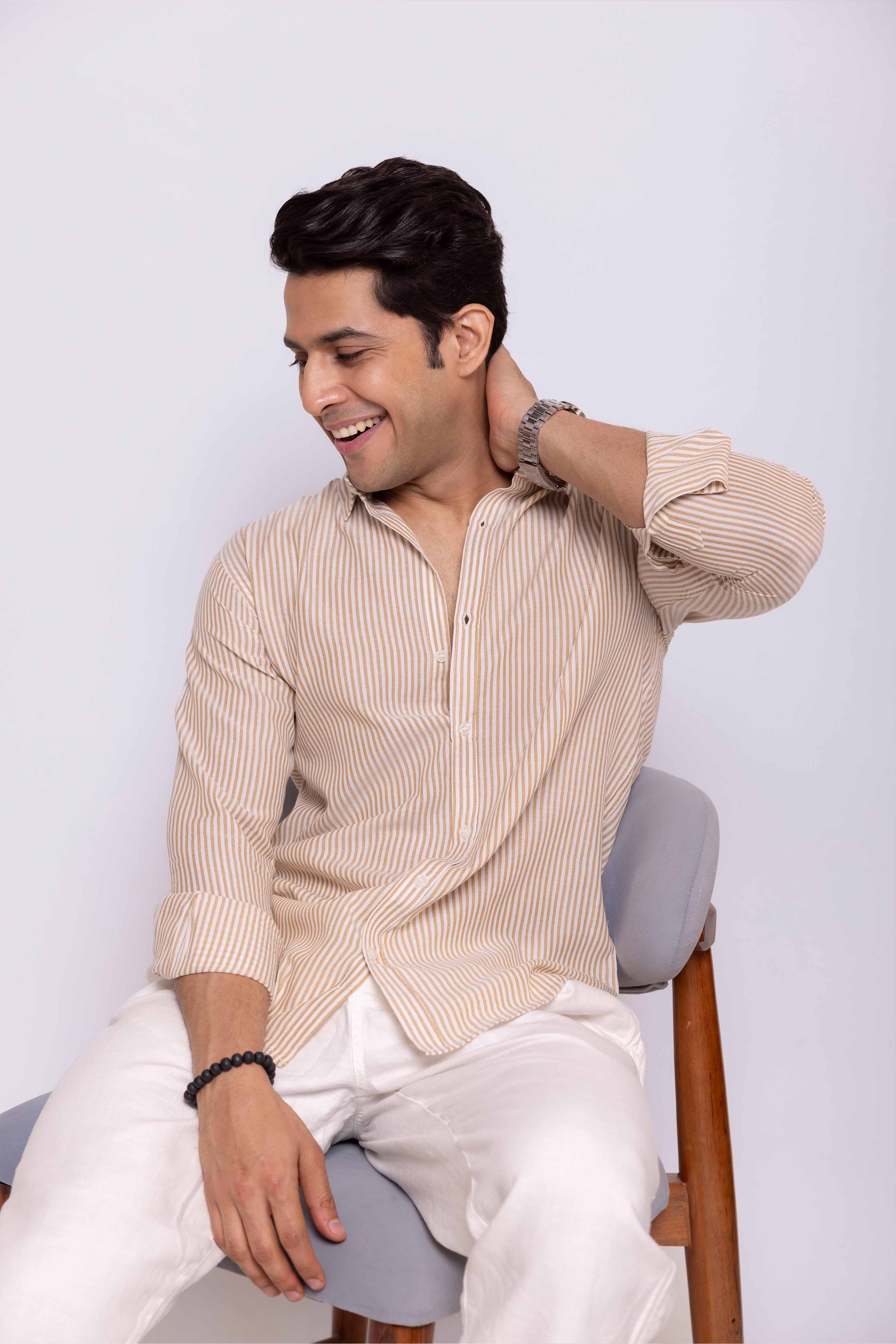 Brown and White Regular fit Striped Full Sleeves Shirt