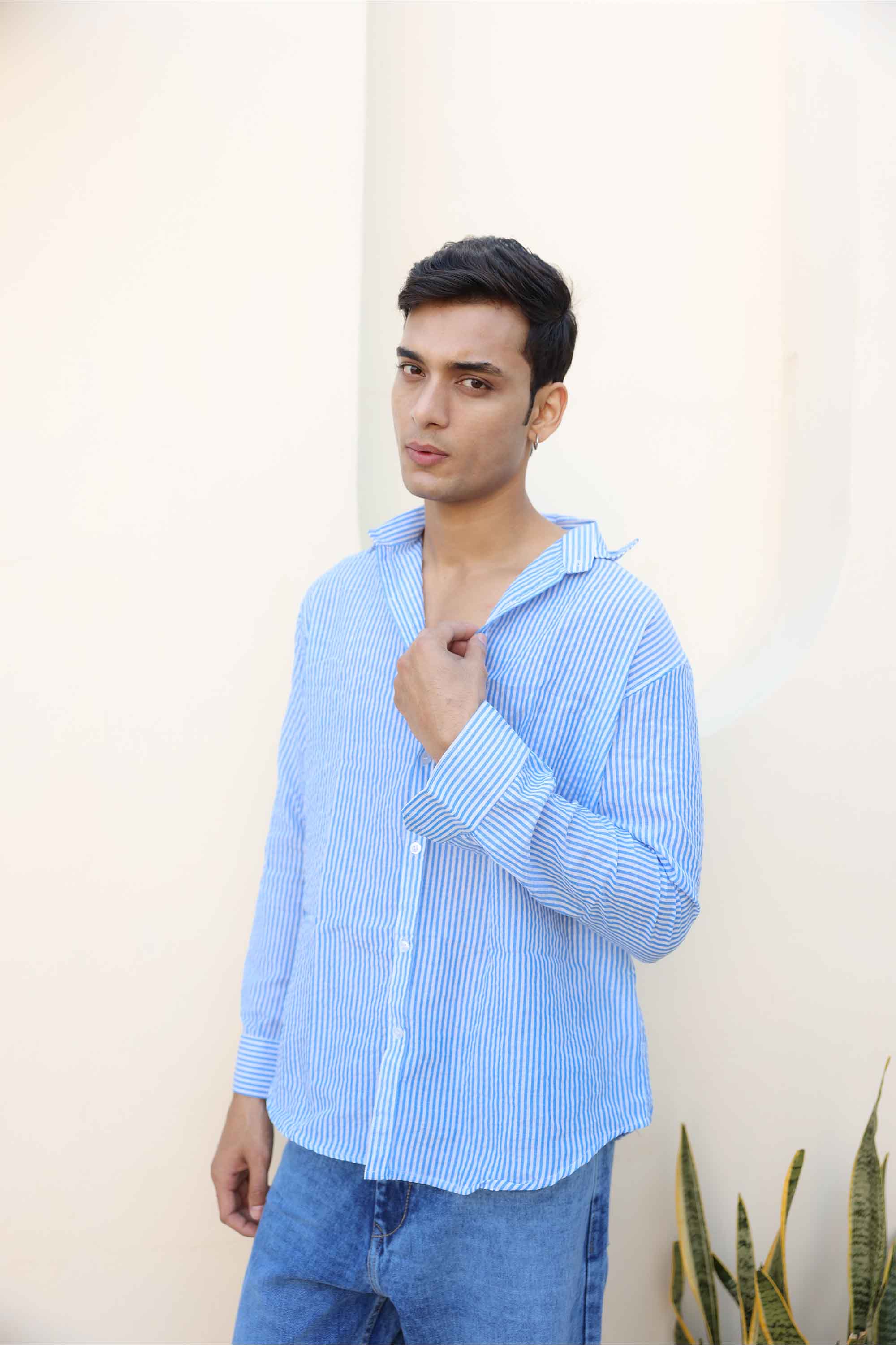 Blue and White Regular fit Striped Full Sleeves Shirt