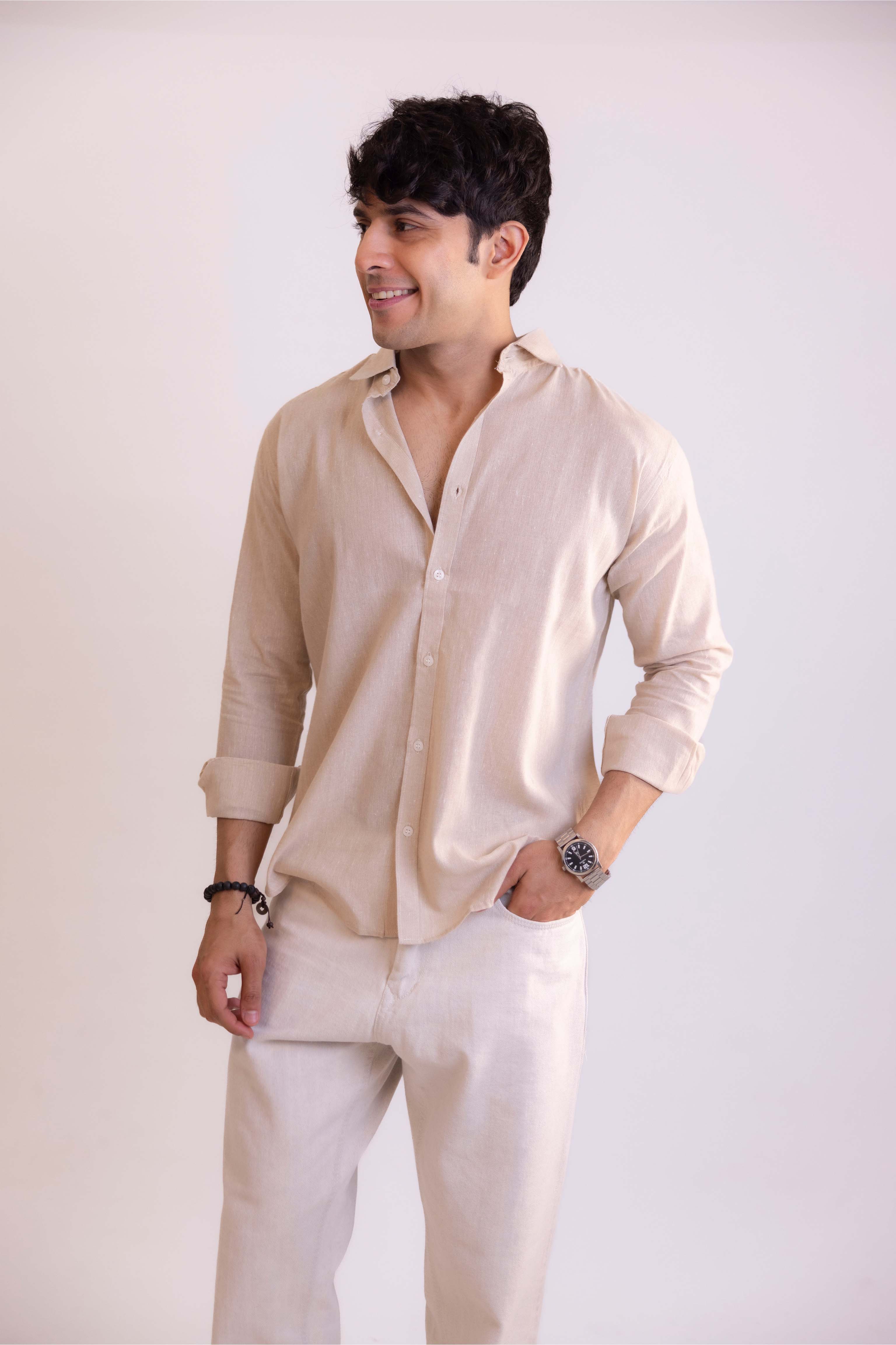 Beige Regular Fit Textured Casual Shirt