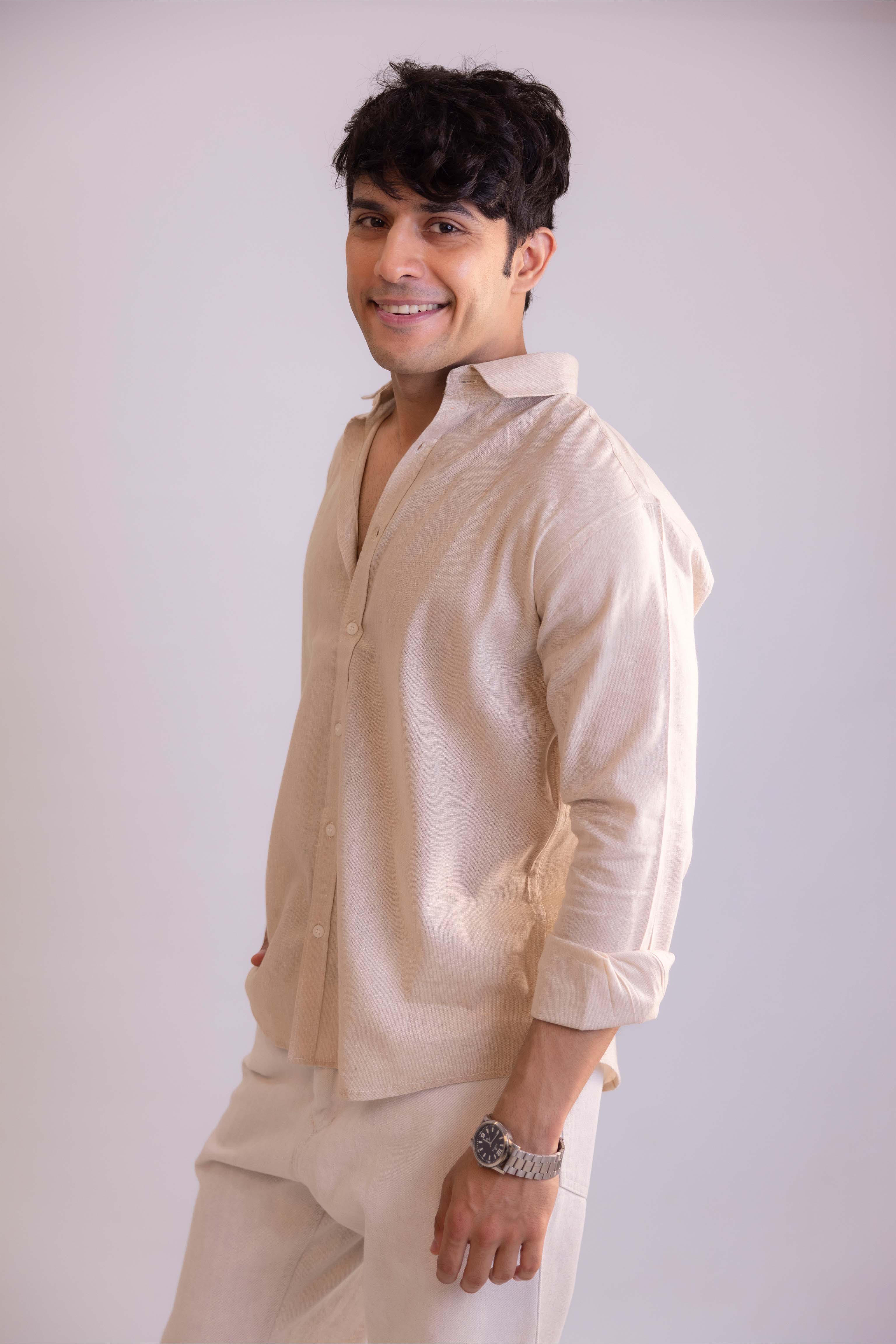 Beige Regular Fit Textured Casual Shirt