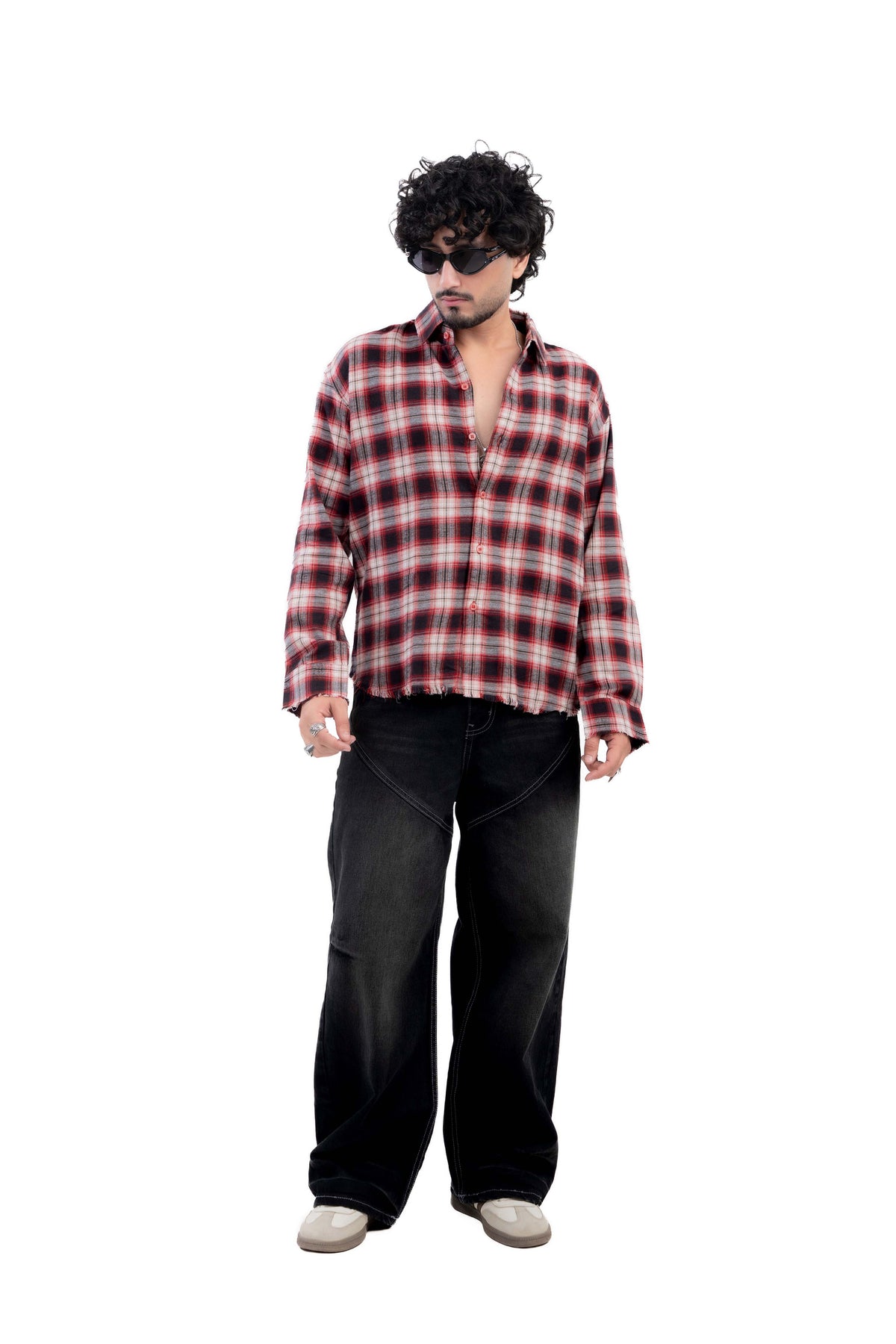Red & Black Distressed Hem Check Shirt