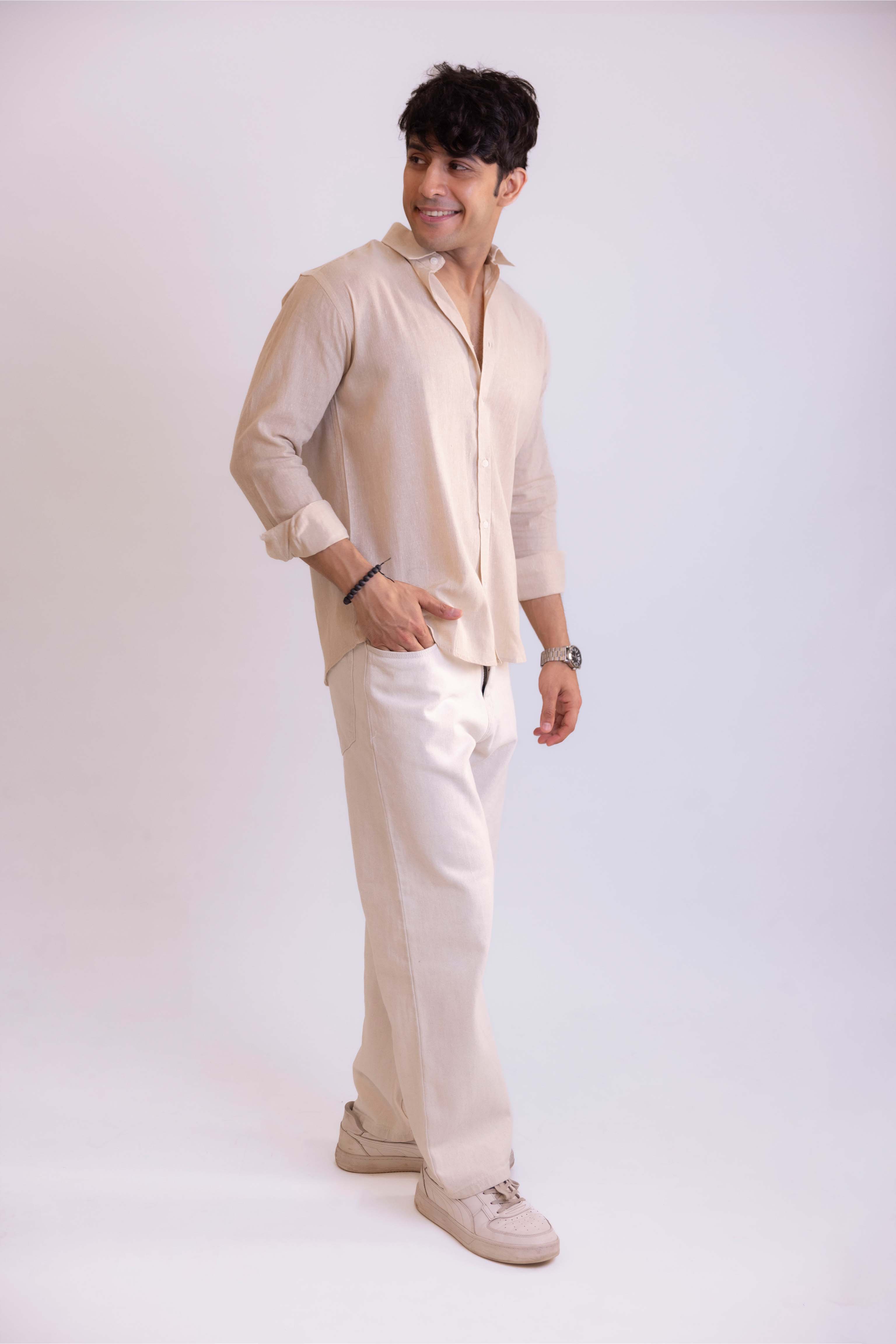 Beige Regular Fit Textured Casual Shirt