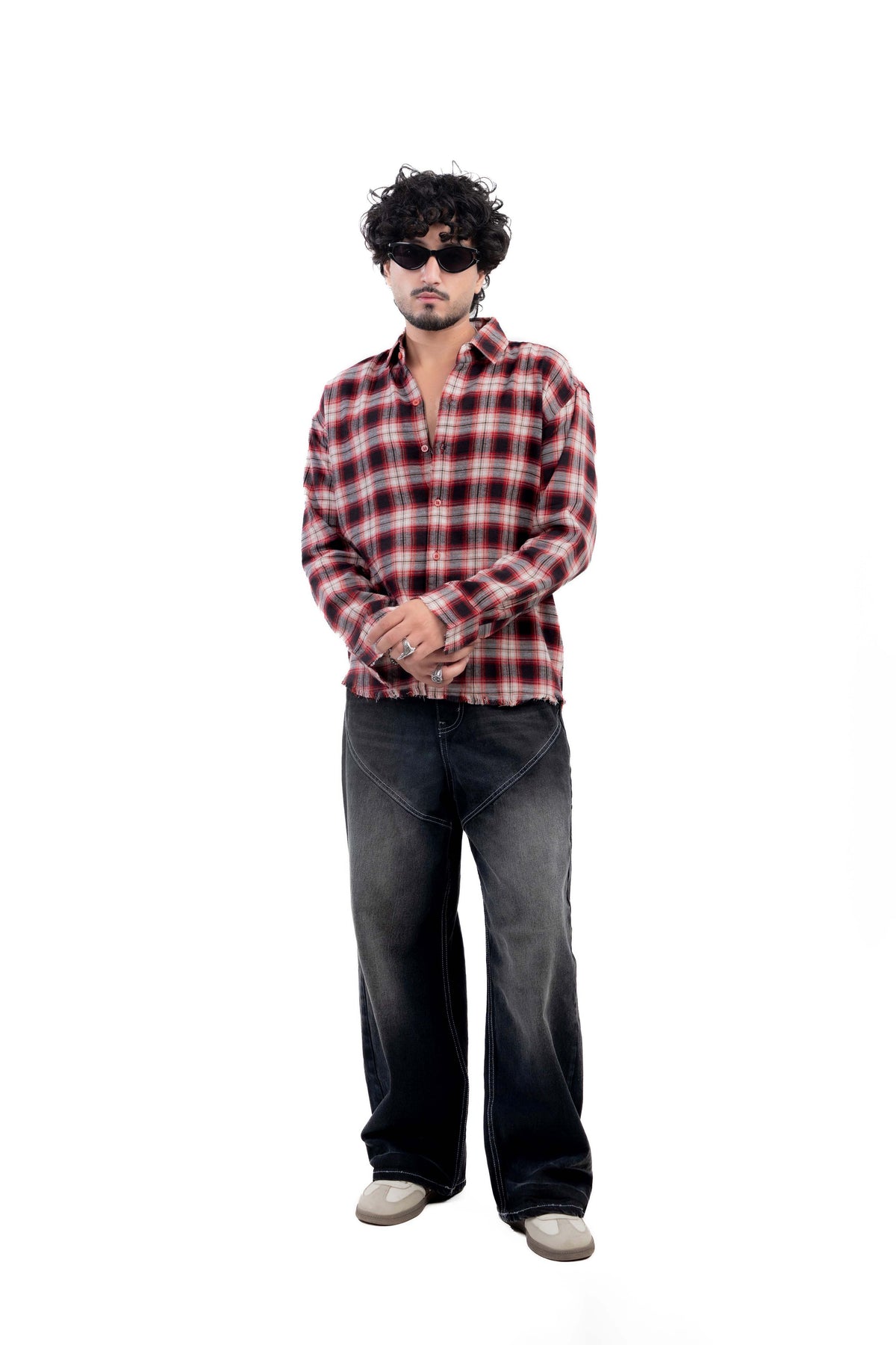 Red & Black Distressed Hem Check Shirt
