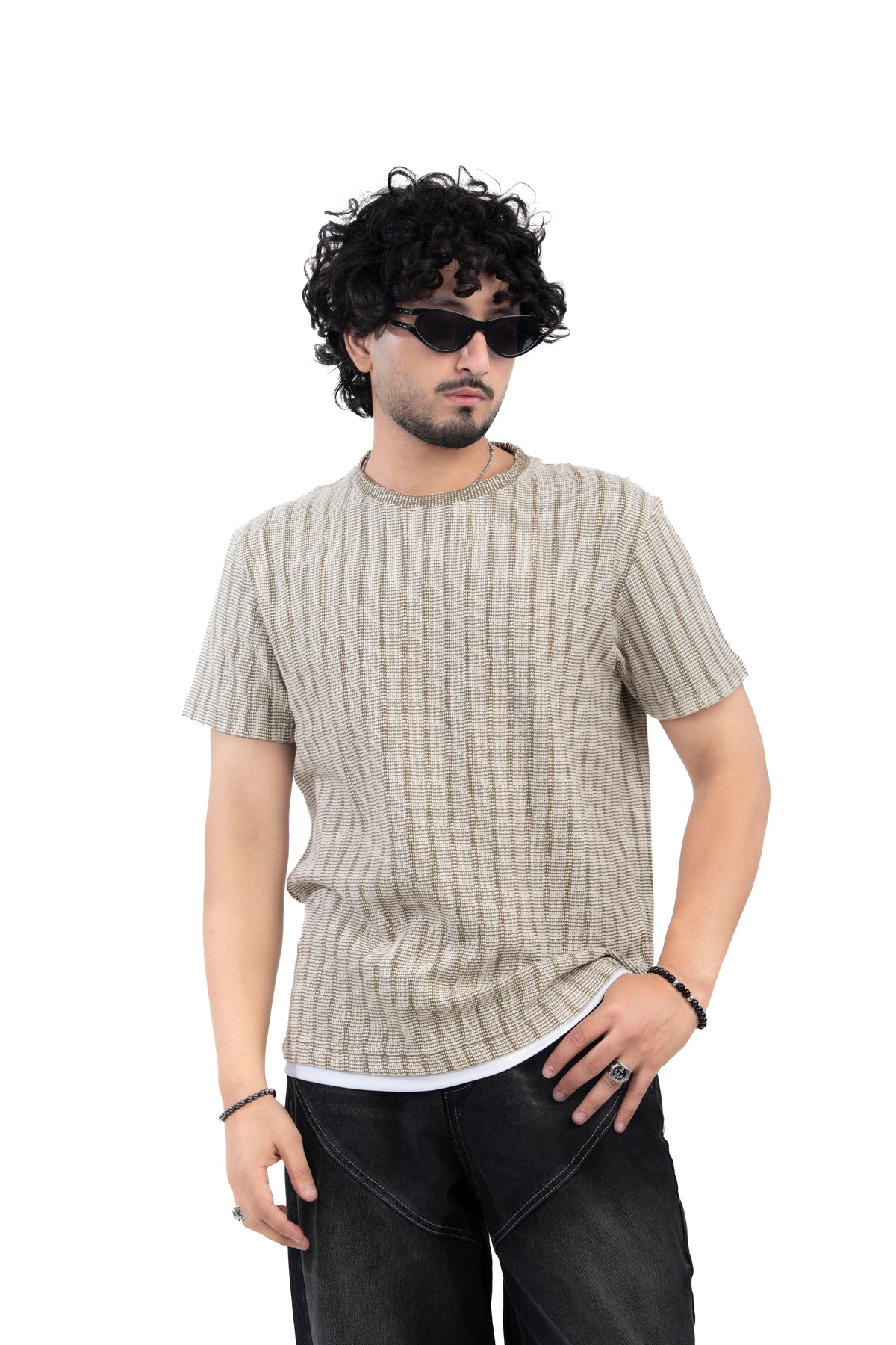 Olive Textured Ribbed Regular Fit T-Shirt