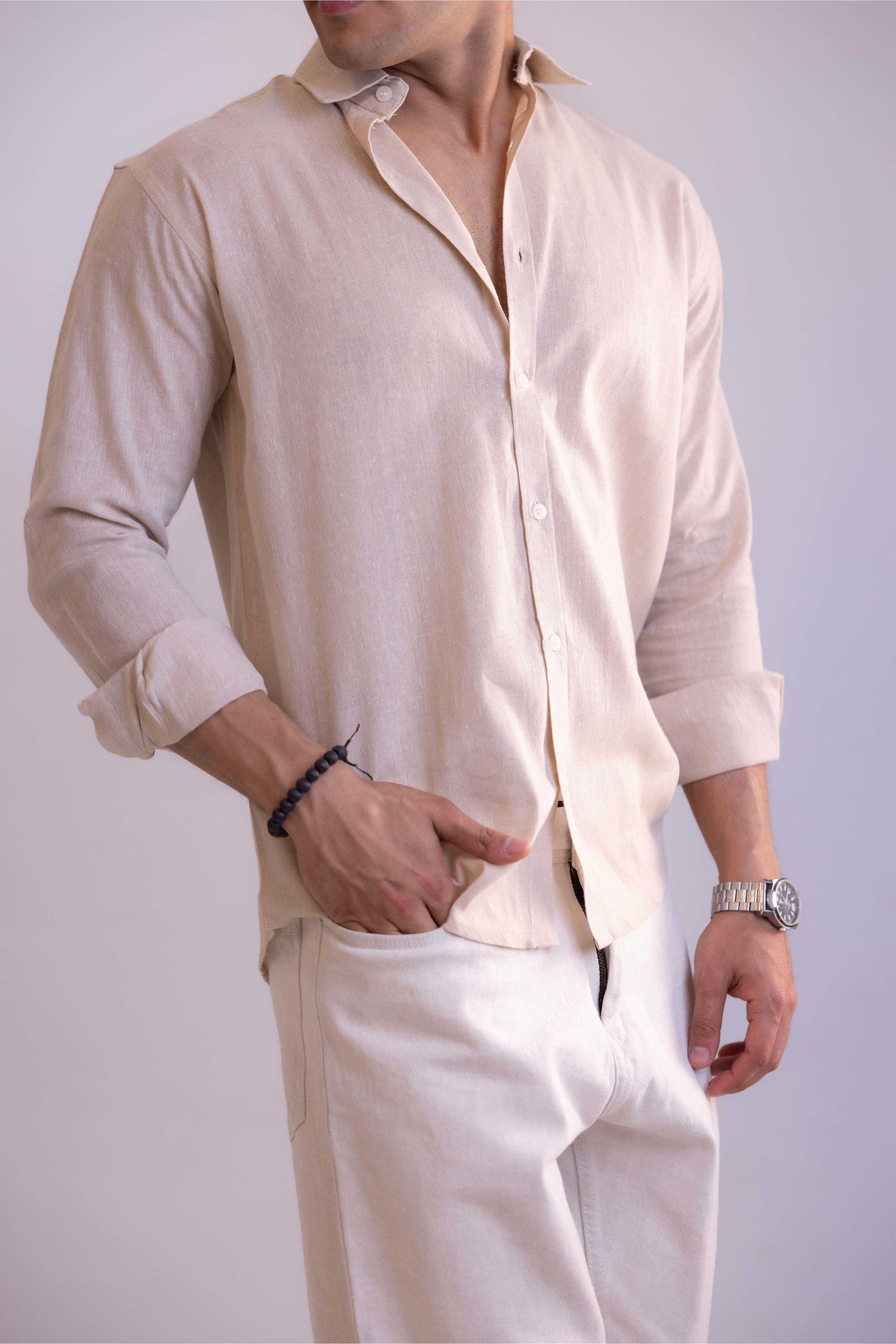 Beige Regular Fit Textured Casual Shirt
