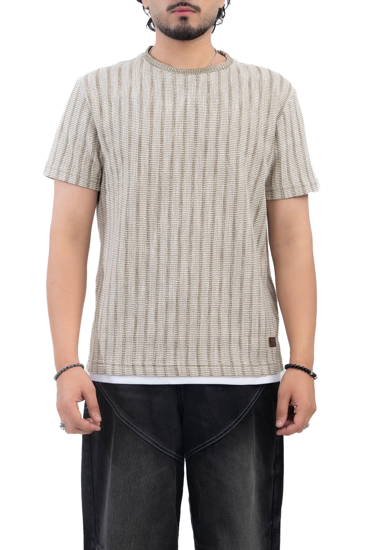 Olive Textured Ribbed Regular Fit T-Shirt