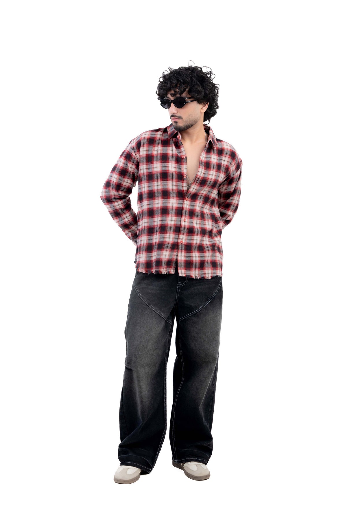 Red & Black Distressed Hem Check Shirt