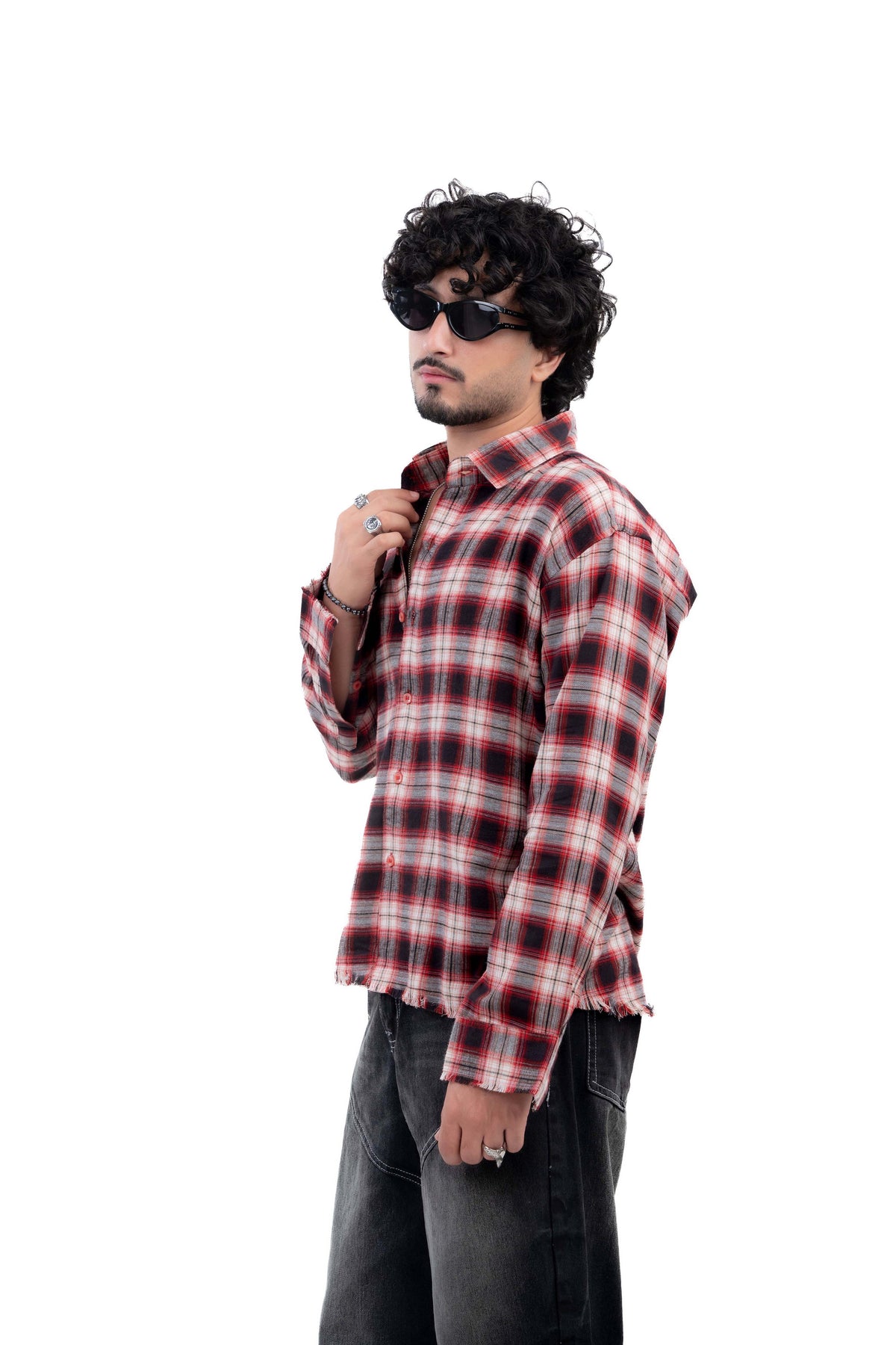 Red & Black Distressed Hem Check Shirt