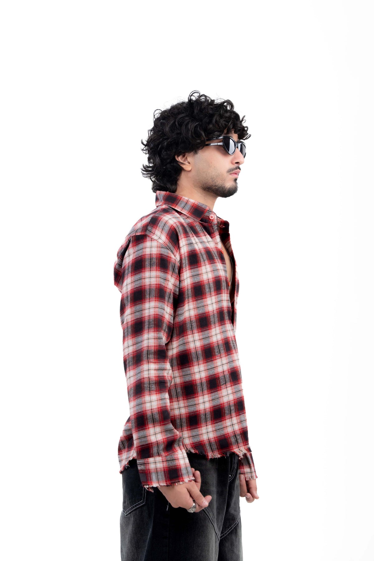 Red & Black Distressed Hem Check Shirt