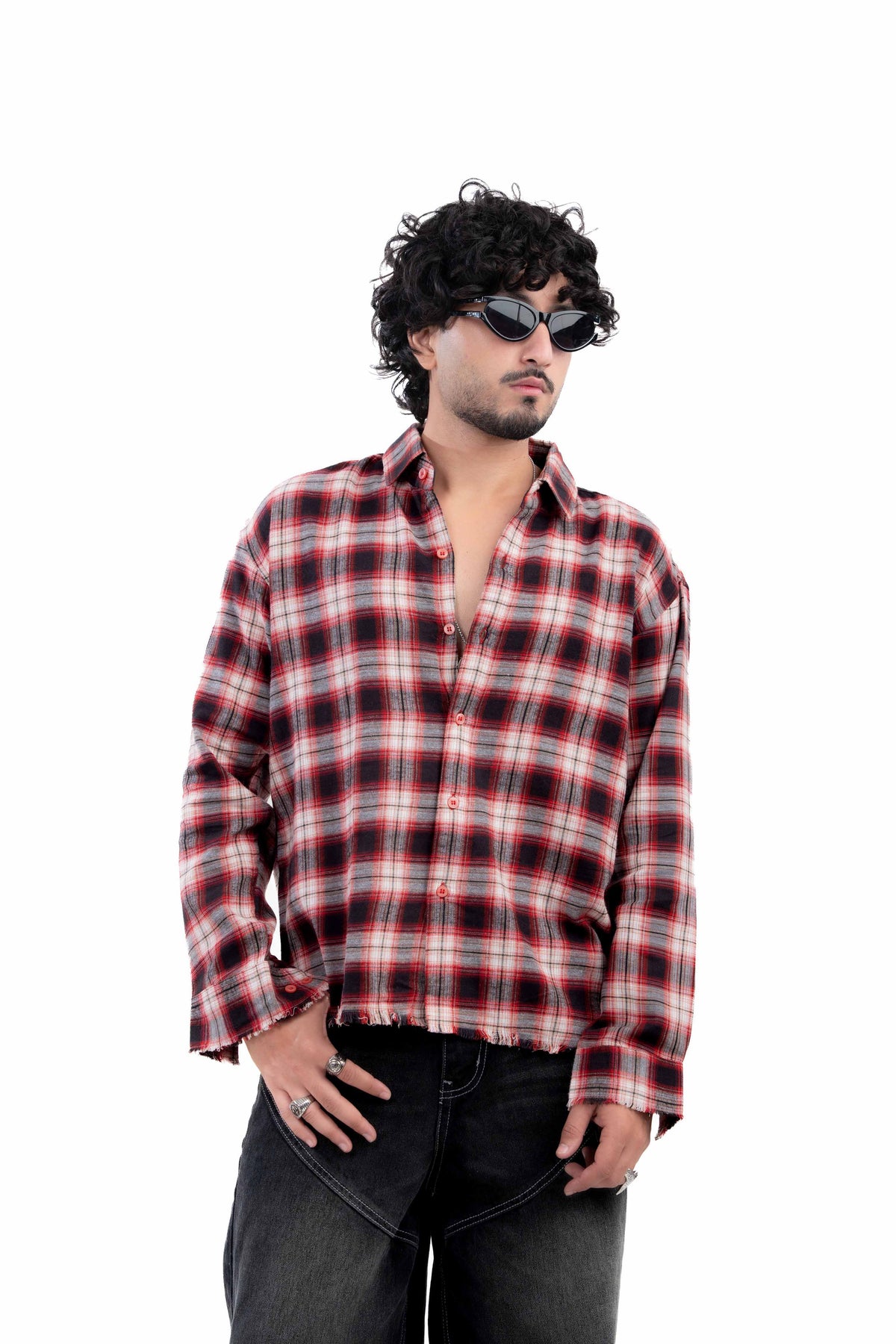 Red & Black Distressed Hem Check Shirt
