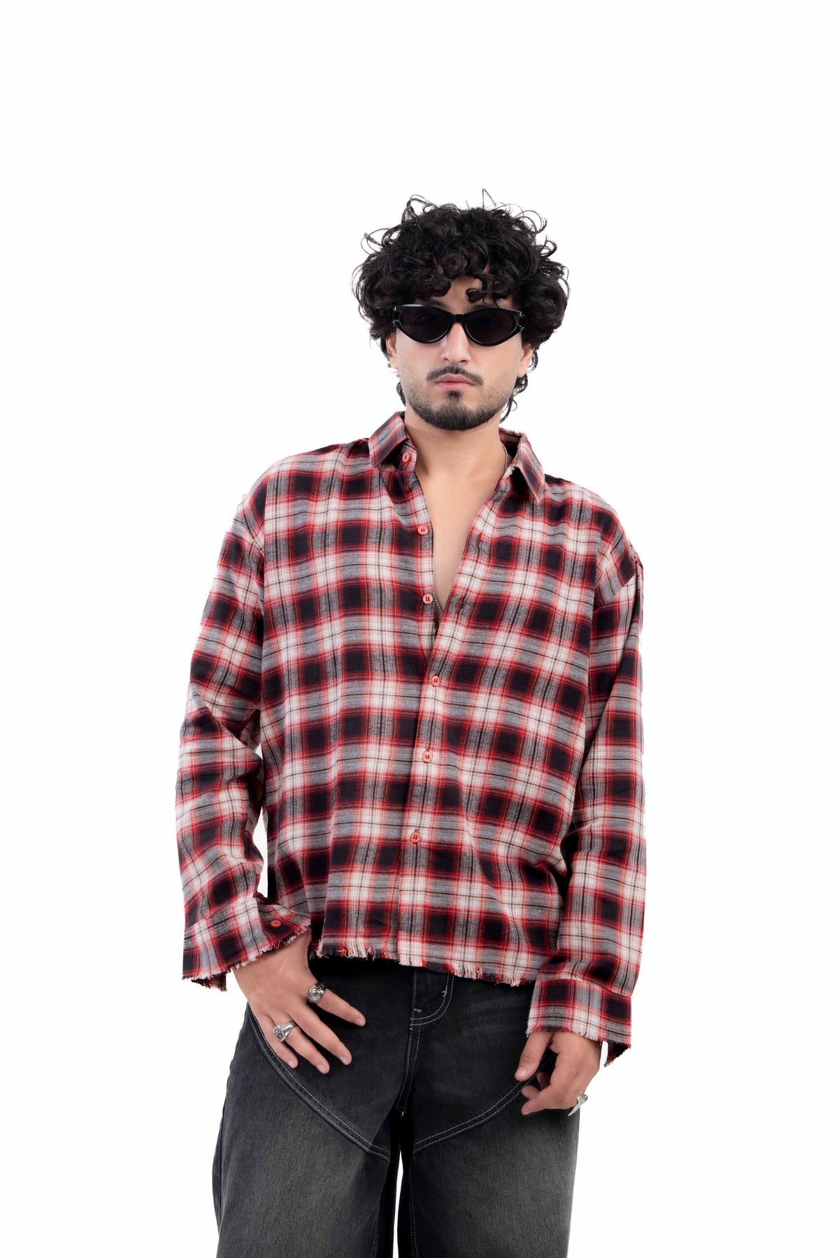 Red & Black Distressed Hem Check Shirt