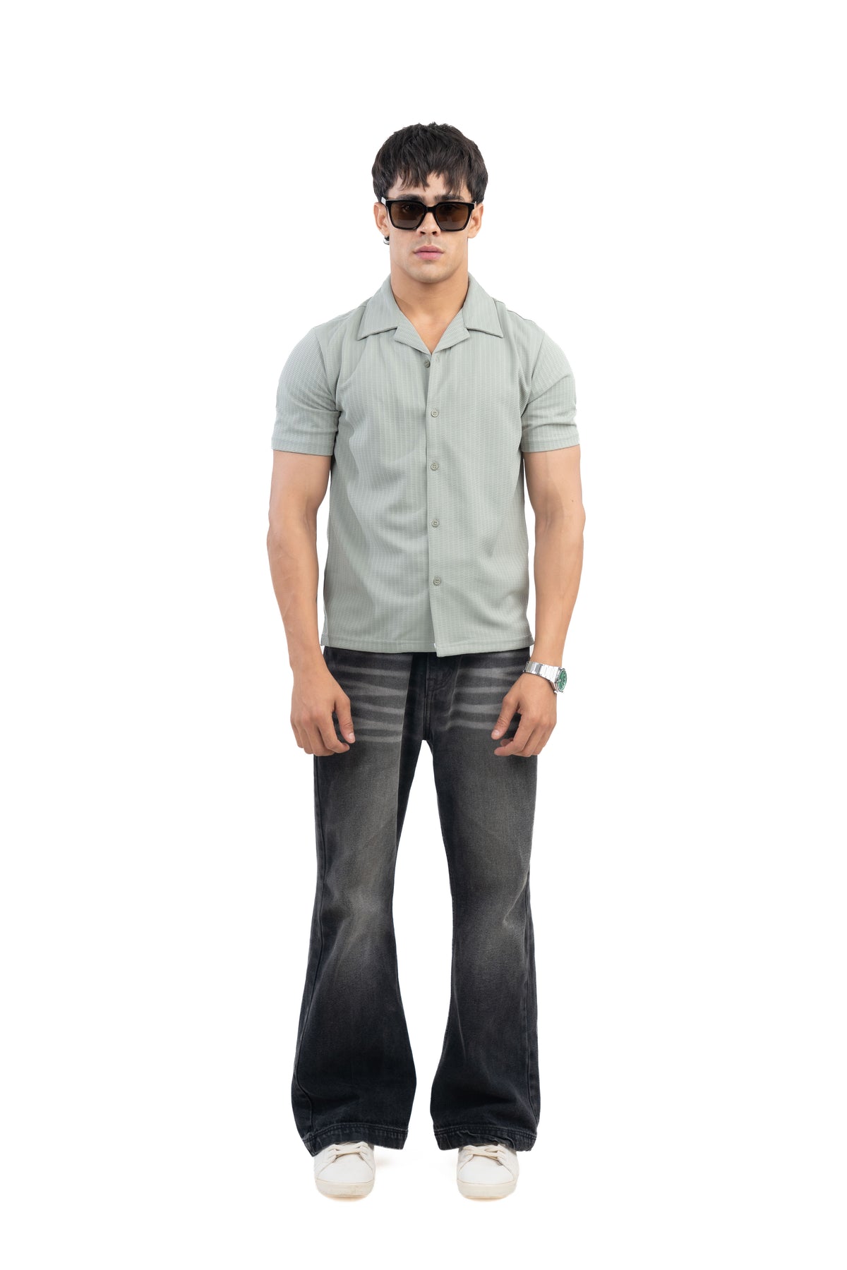 Sage Green Textured Cuban Collar Half Sleeve Shirt