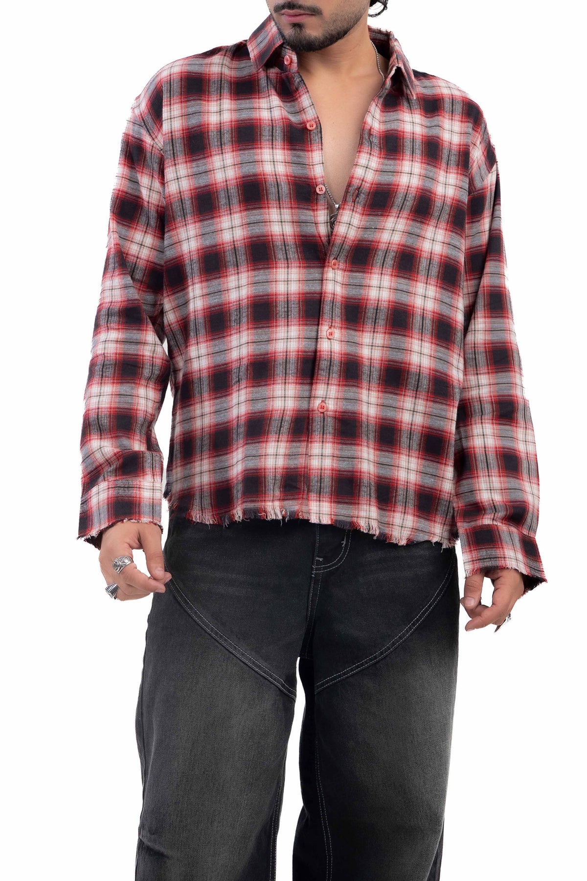 Red & Black Distressed Hem Check Shirt
