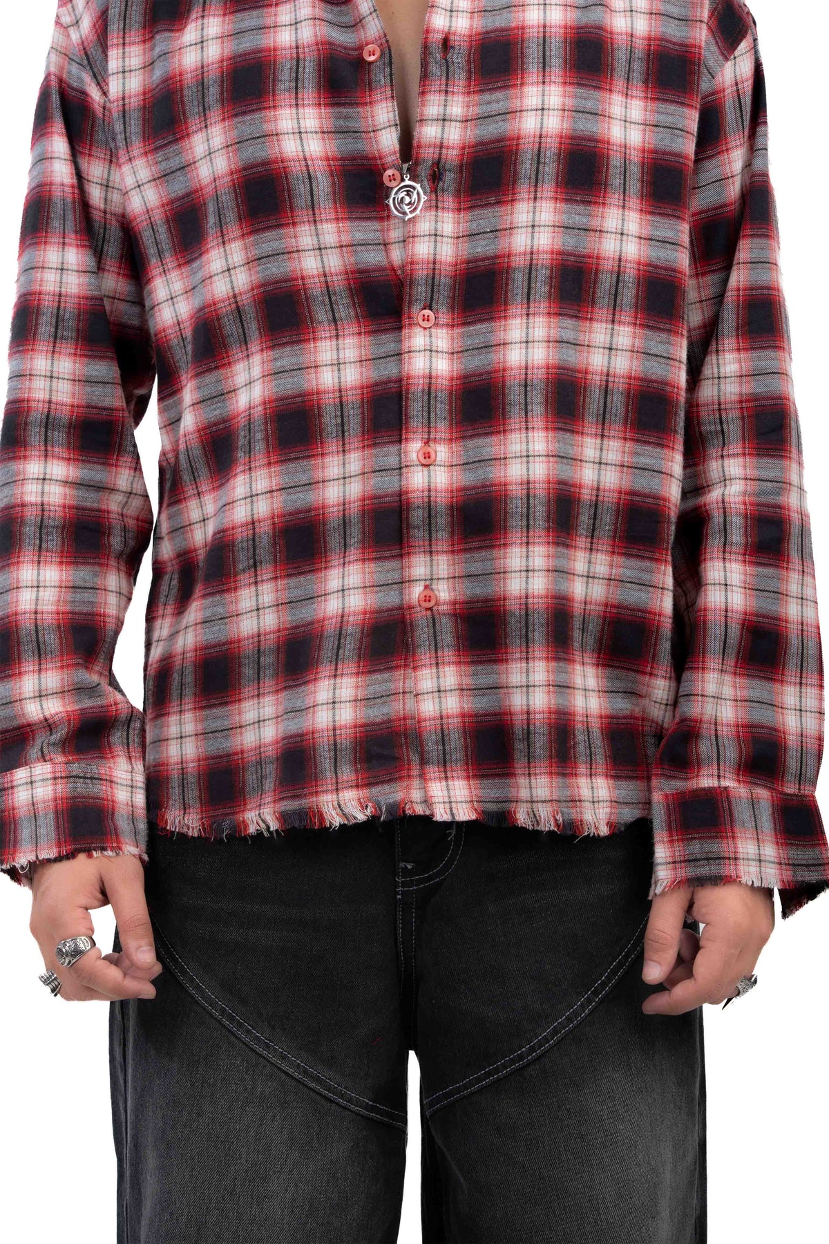 Red & Black Distressed Hem Check Shirt