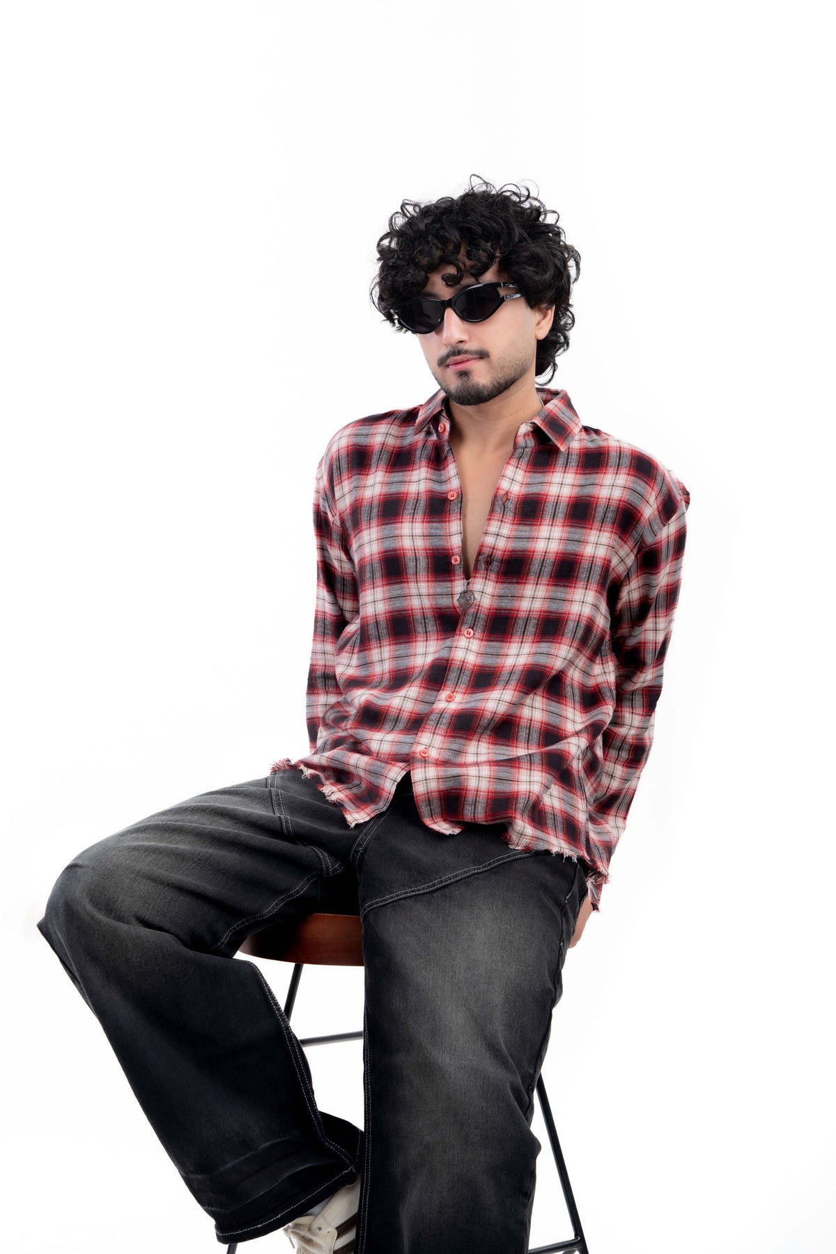 Red & Black Distressed Hem Check Shirt