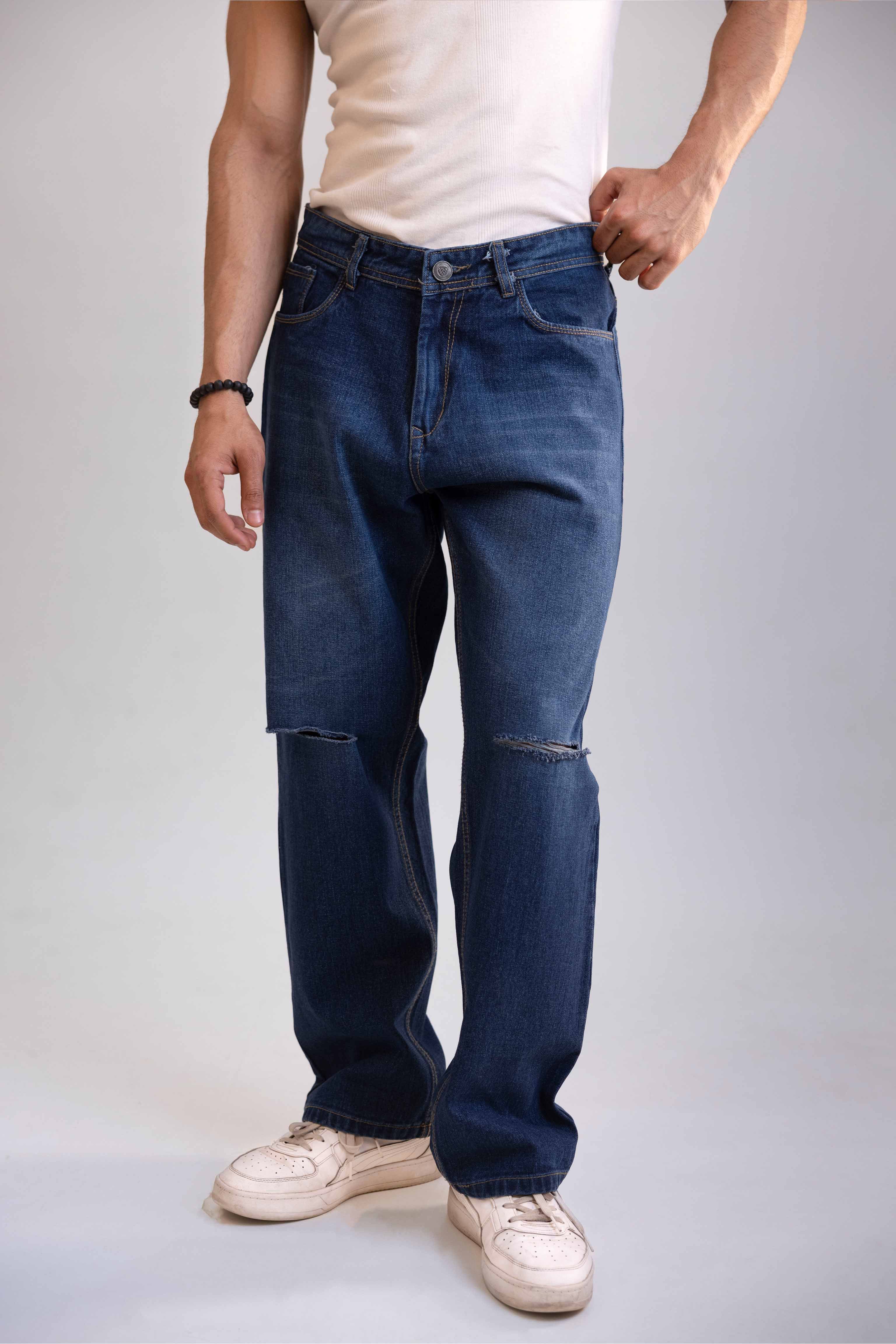 Mid Blue Distressed Men's Straight Fit Jeans