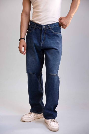 Mid Blue Distressed Men's Straight Fit Jeans