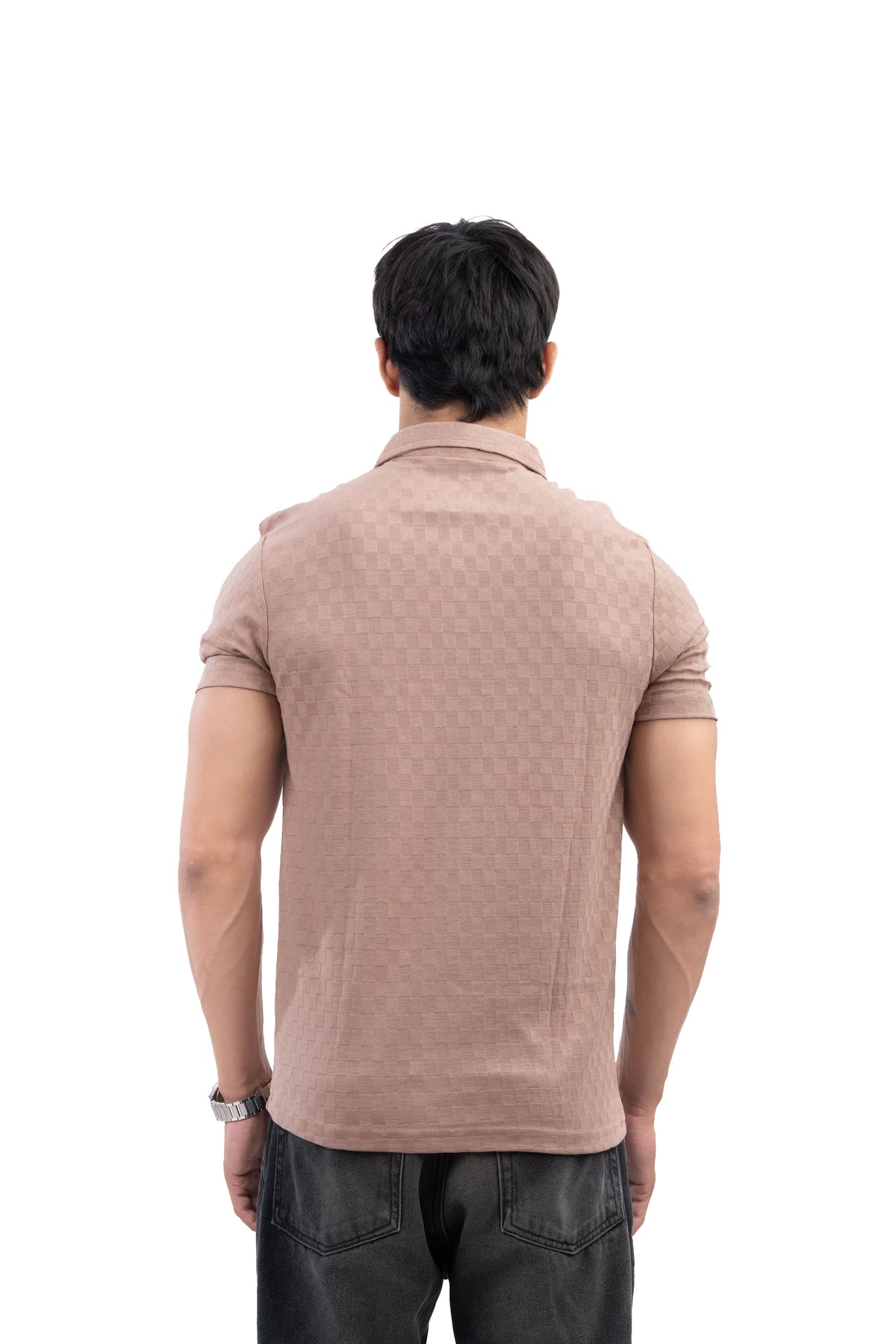 Muted Mocha Textured Check Polo T-Shirt
