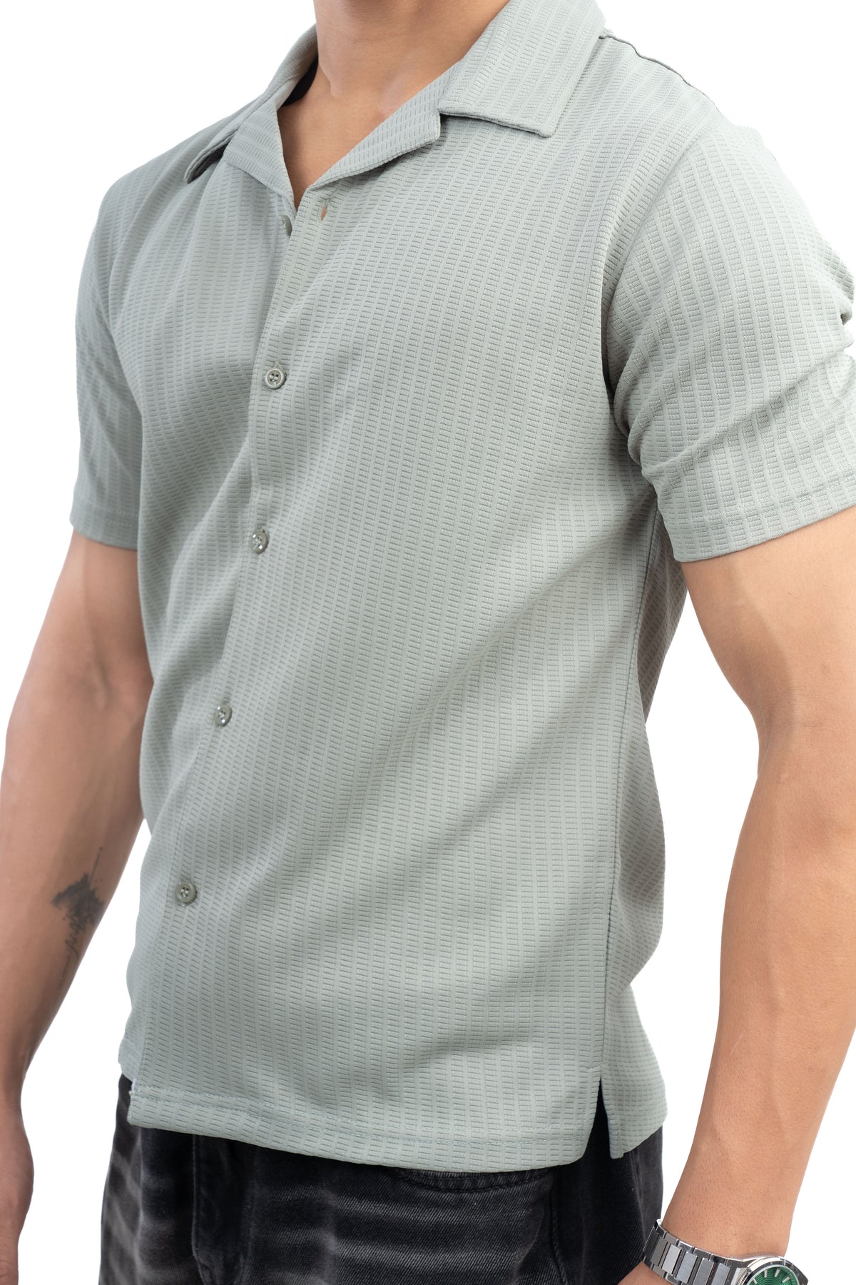 Sage Green Textured Cuban Collar Half Sleeve Shirt