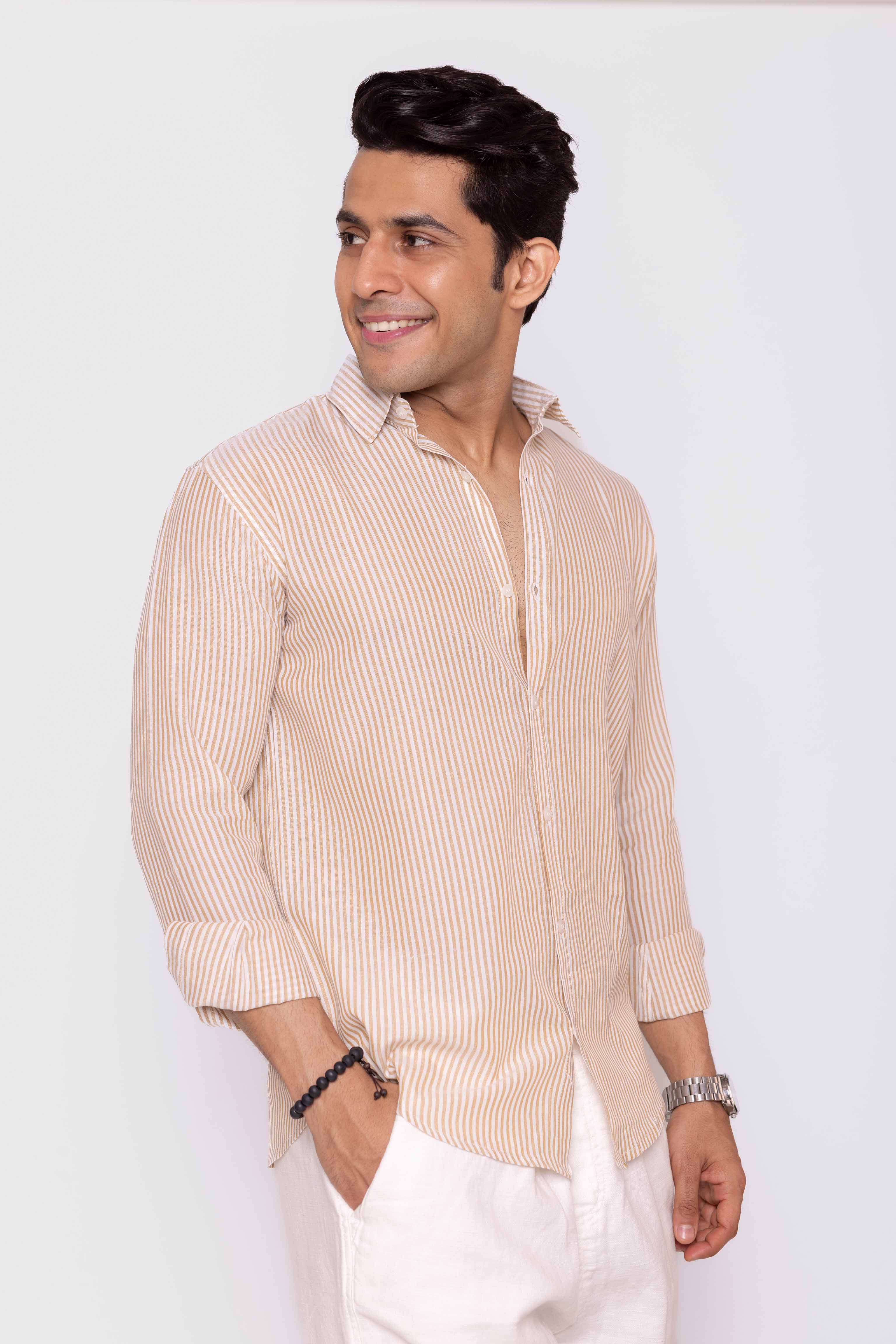 Brown and White Regular fit Striped Full Sleeves Shirt
