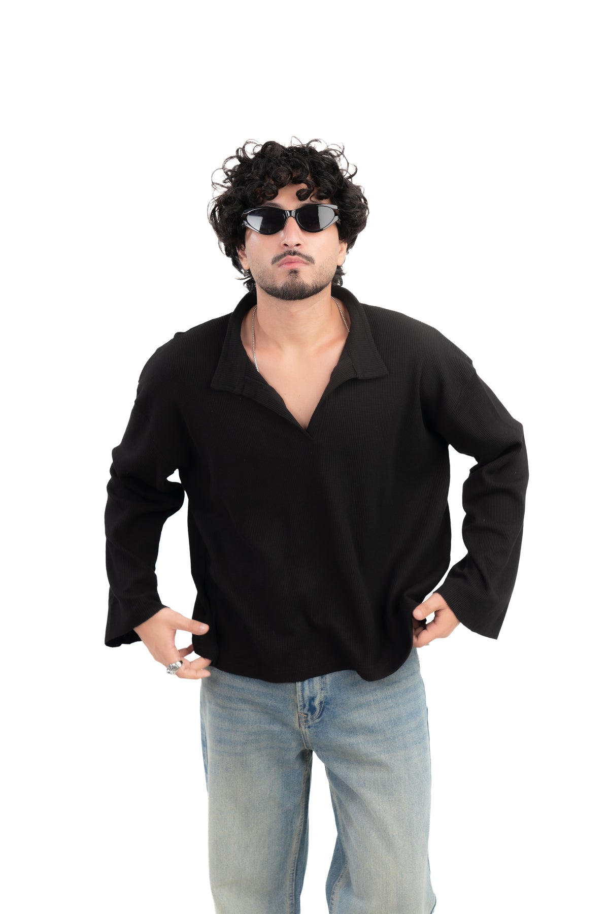 Black Oversized Waffle Polo Tee