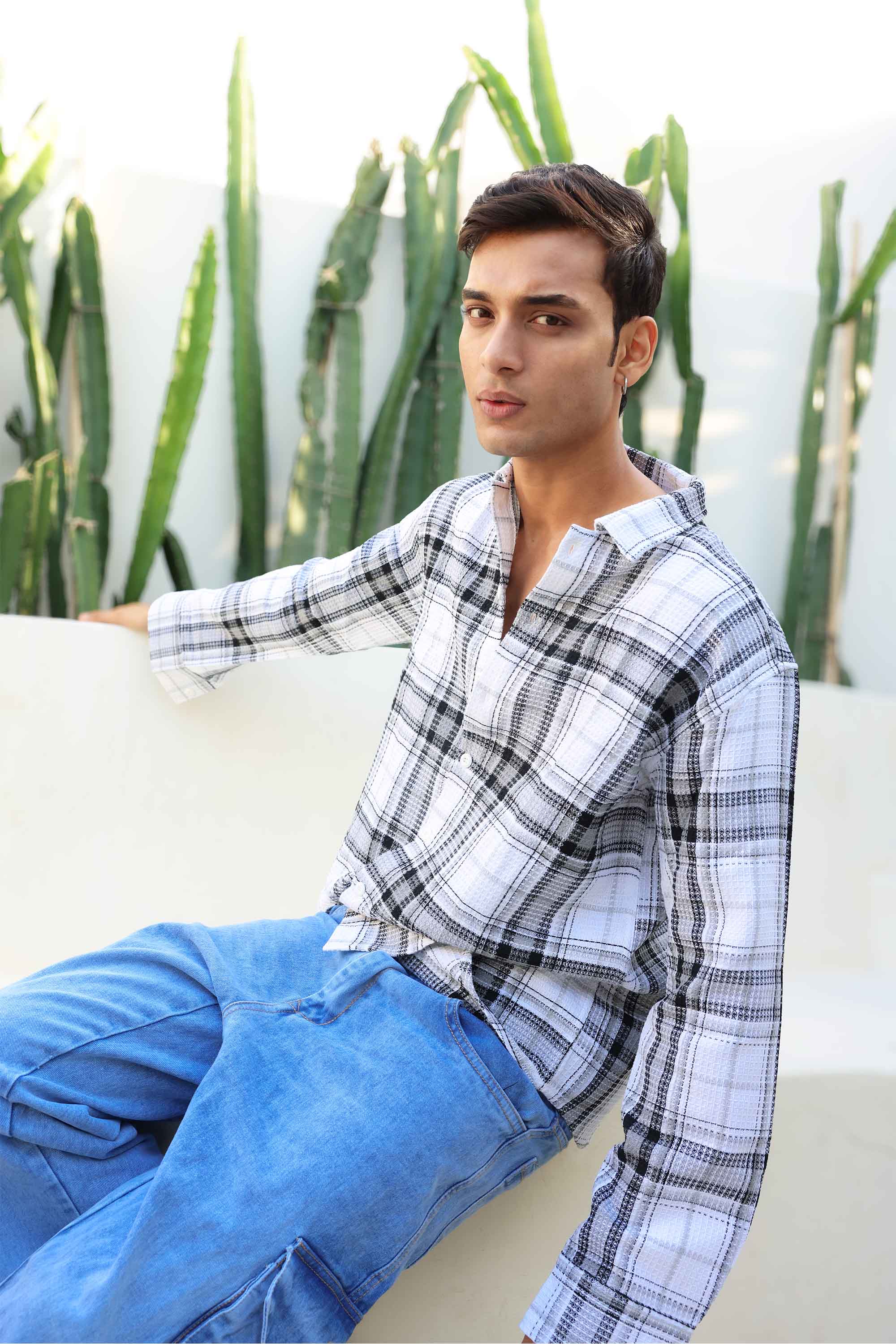 White Waffle Checks Regular Fit Full Sleeves Shirt