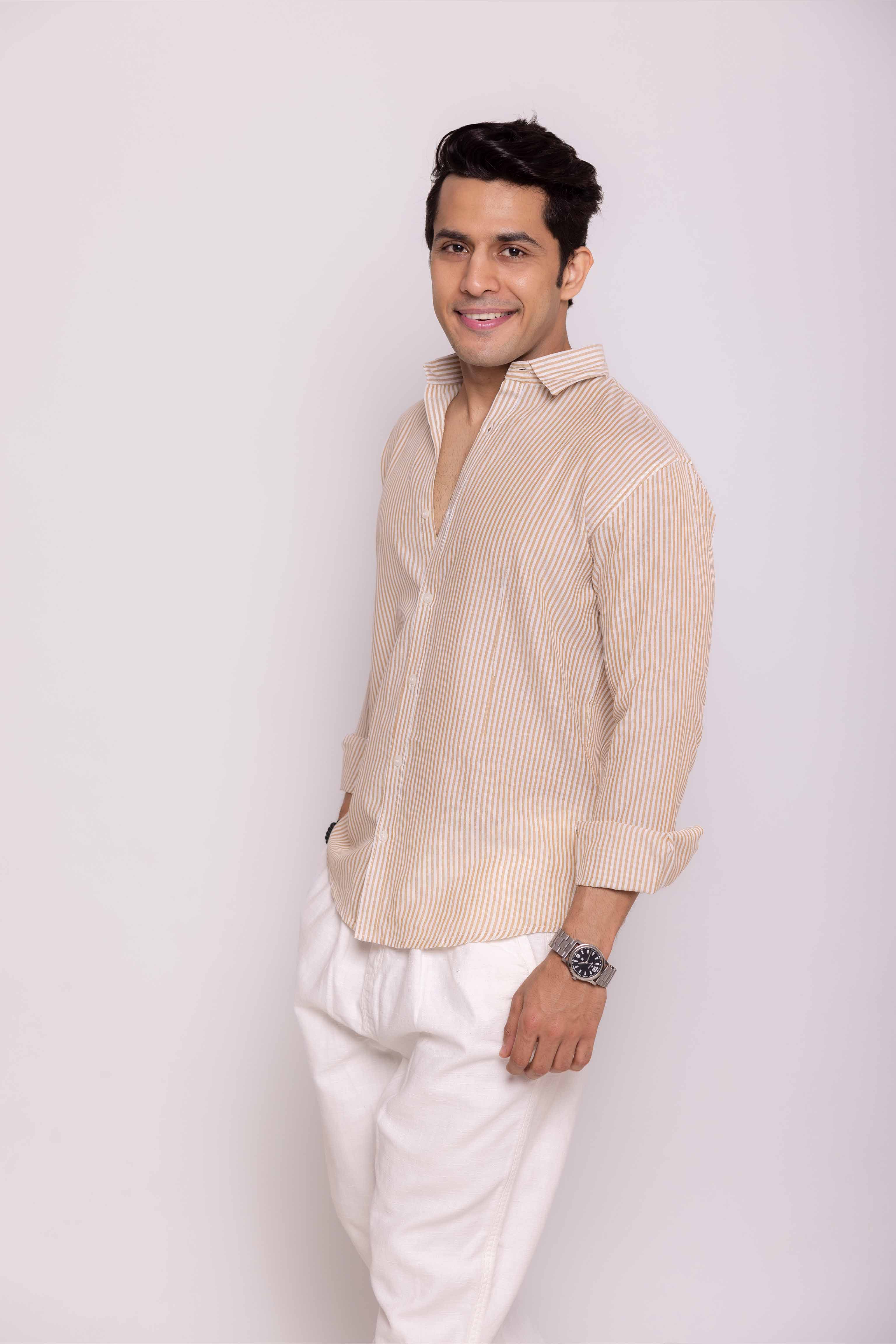 Brown and White Regular fit Striped Full Sleeves Shirt