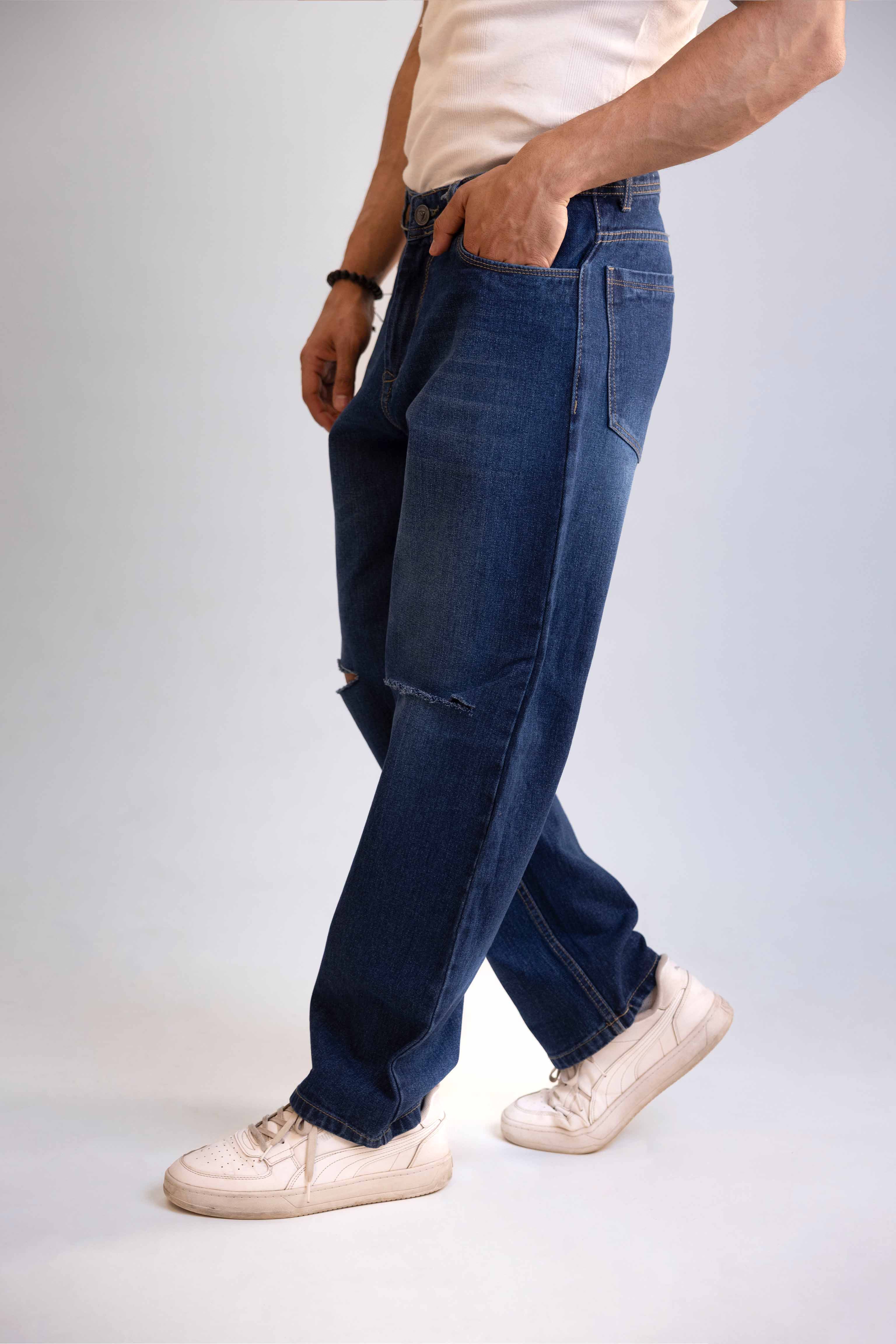Mid Blue Distressed Men's Straight Fit Jeans