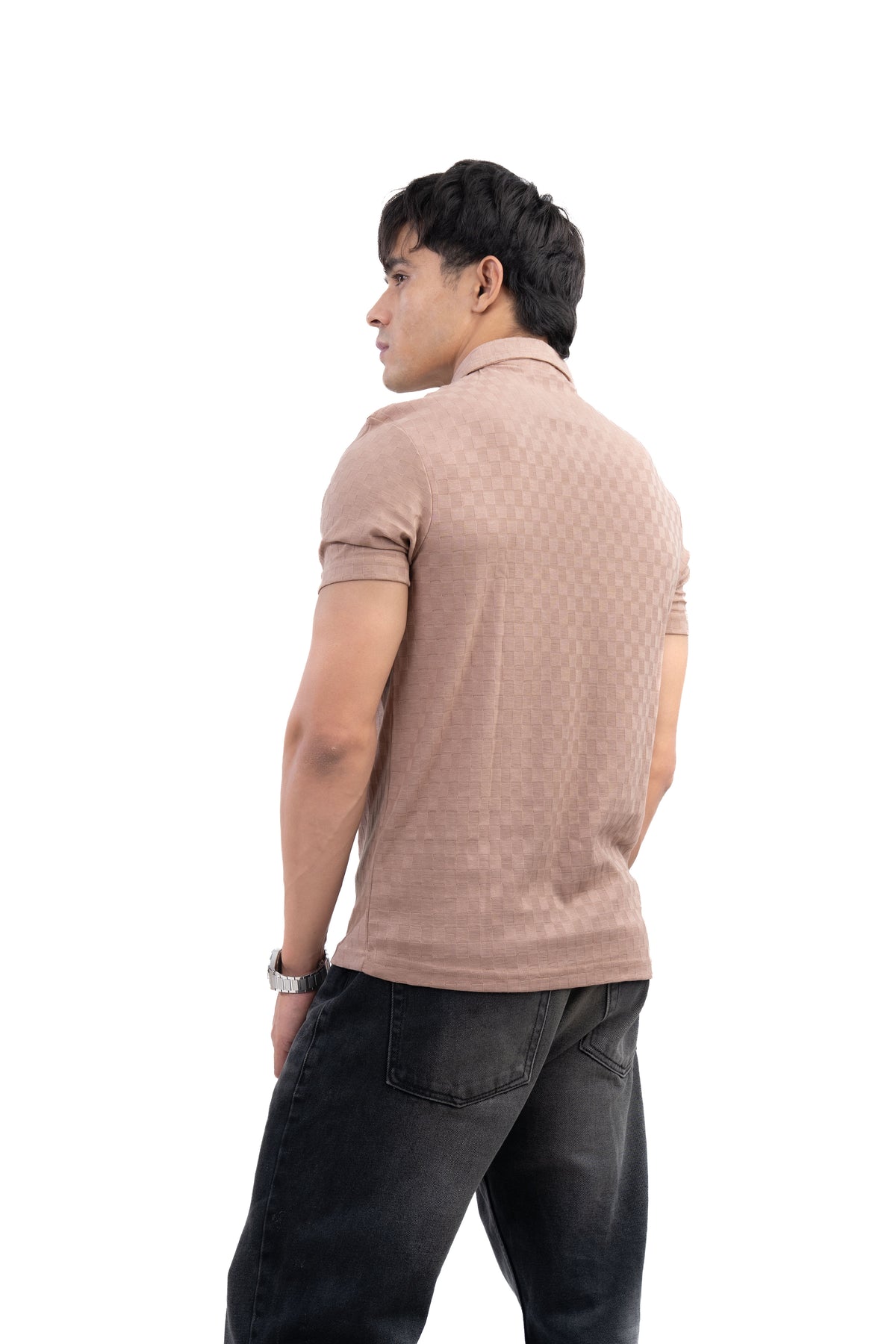 Muted Mocha Textured Check Polo T-Shirt